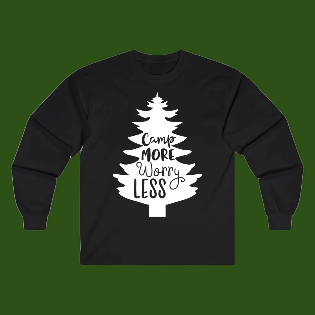 White evergreen tree silhouette with text reading 'Camp MORE Worry LESS' centered in the branches on gray background