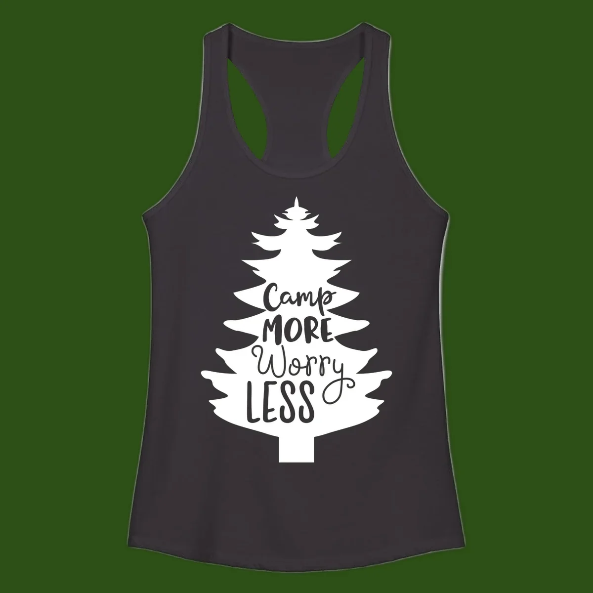 White evergreen tree silhouette with text reading 'Camp MORE Worry LESS' centered in the branches on gray background