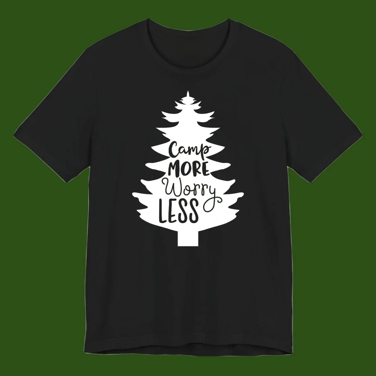 White evergreen tree silhouette with text reading 'Camp MORE Worry LESS' centered in the branches on gray background