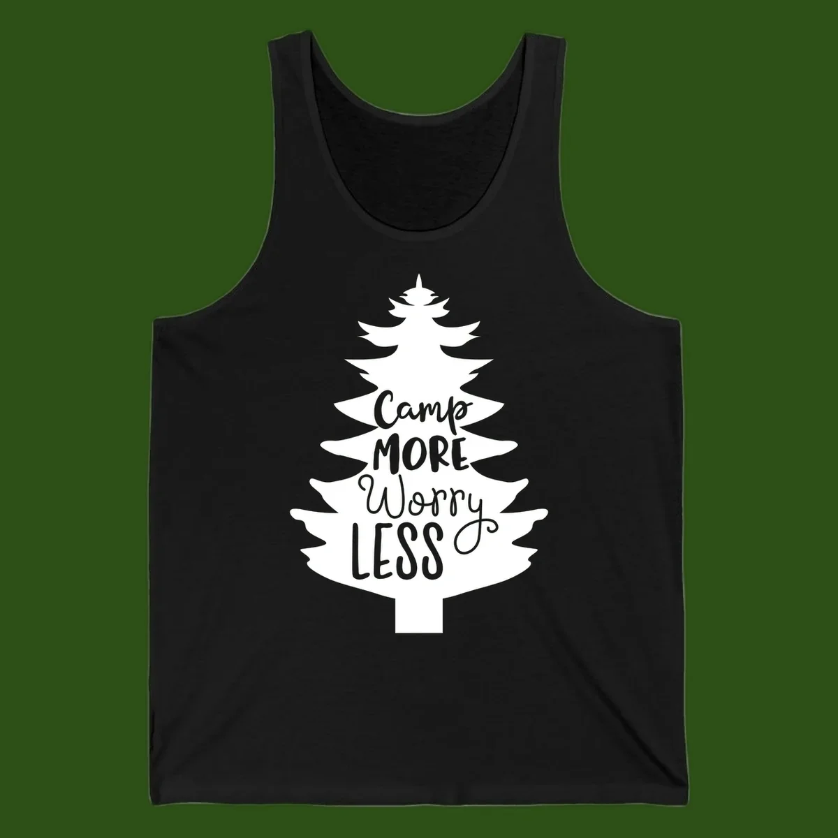 White evergreen tree silhouette with text reading 'Camp MORE Worry LESS' centered in the branches on gray background