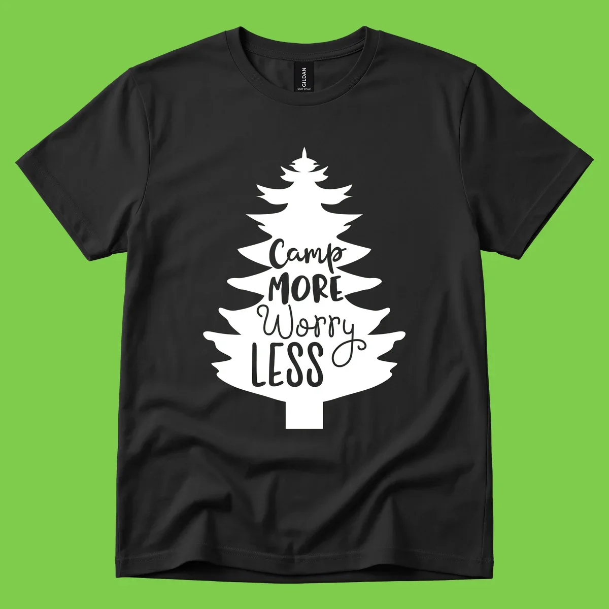 White evergreen tree silhouette with text reading 'Camp MORE Worry LESS' centered in the branches on gray background