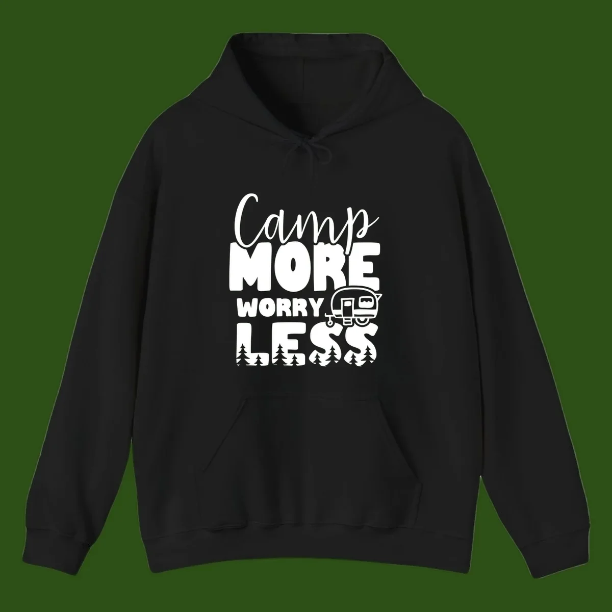 Camp More Worry Less design with flowing script text, camping trailer, and pine trees on gray background