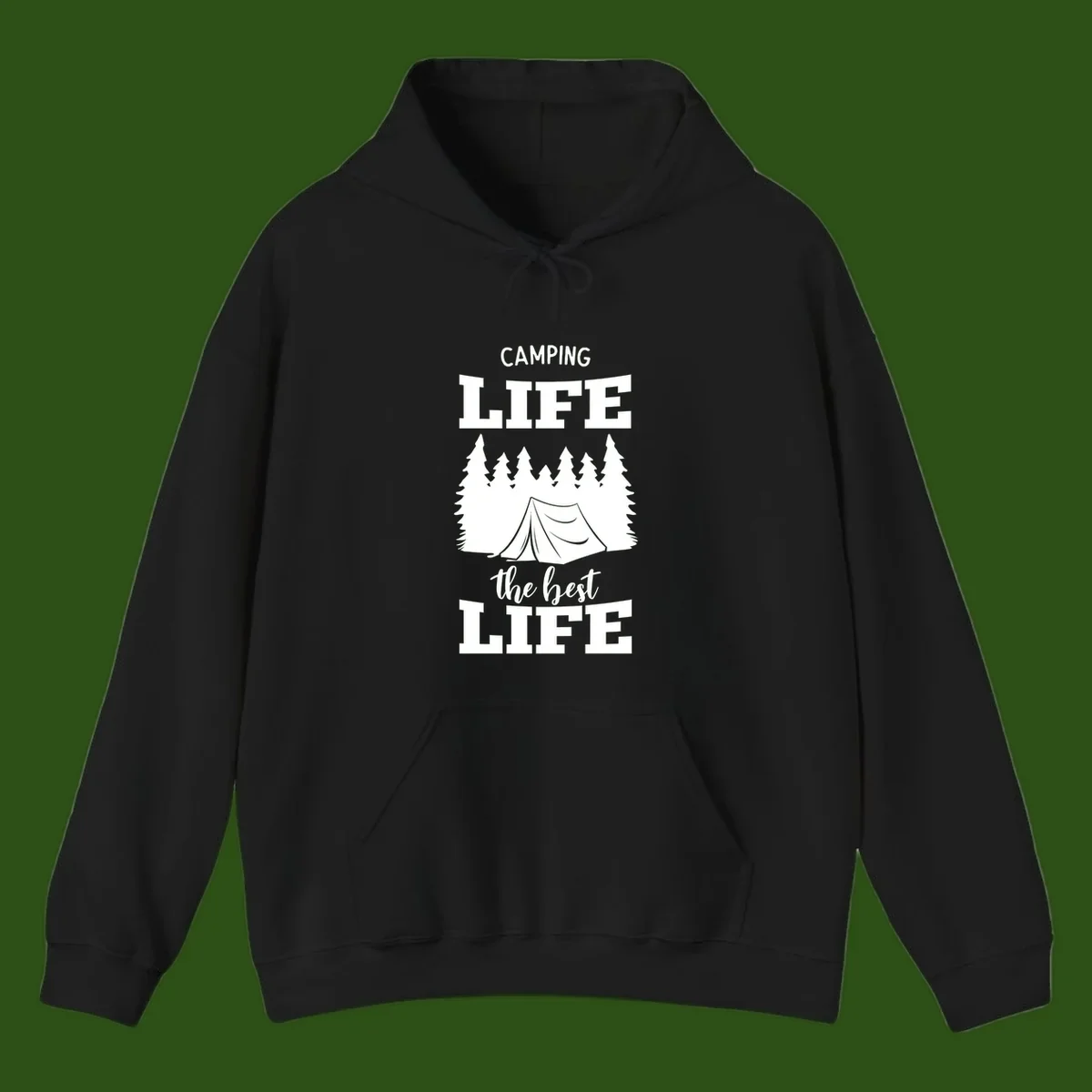 White tent and forest silhouette with text reading Camping Life The Best Life on gray background
