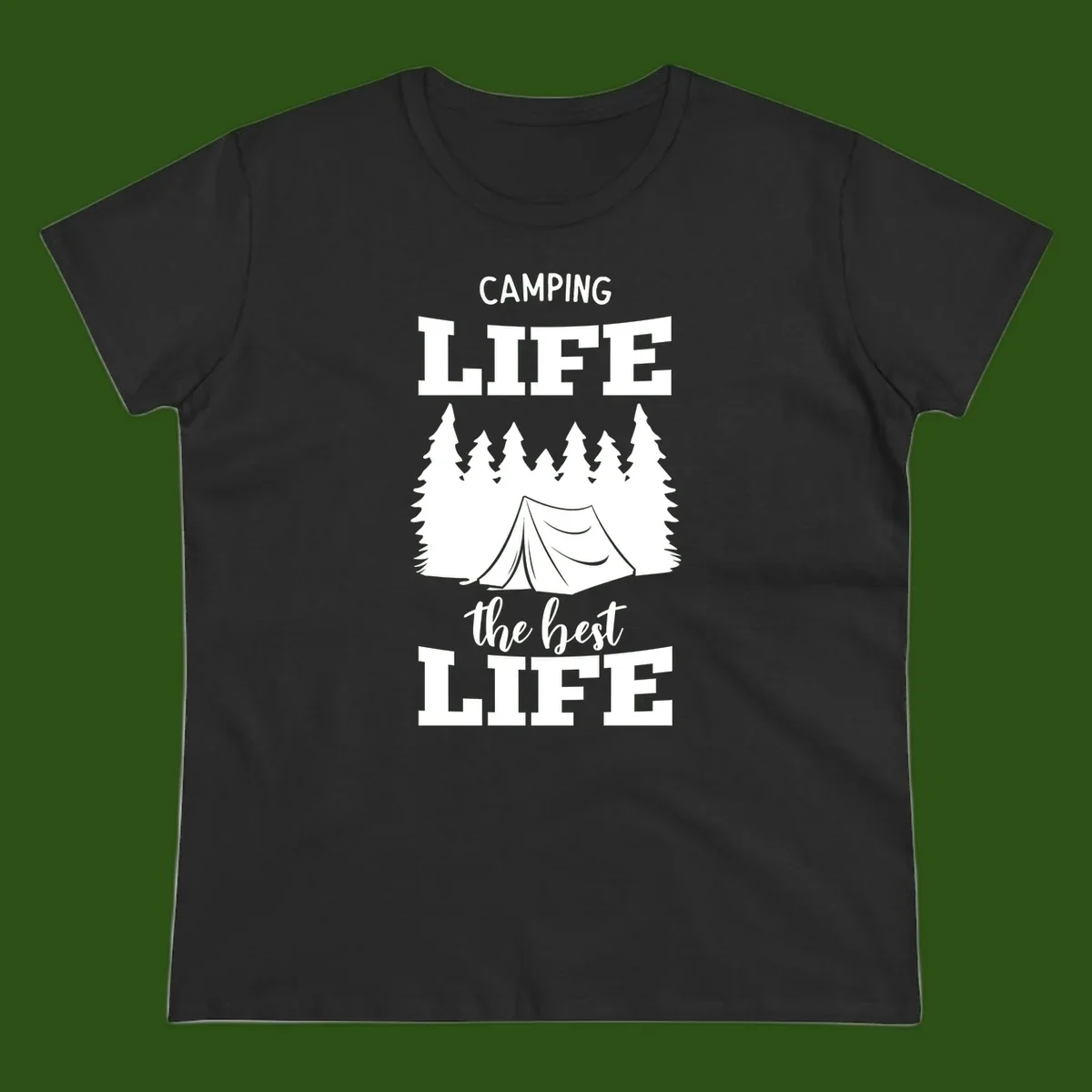 White tent and forest silhouette with text reading Camping Life The Best Life on gray background