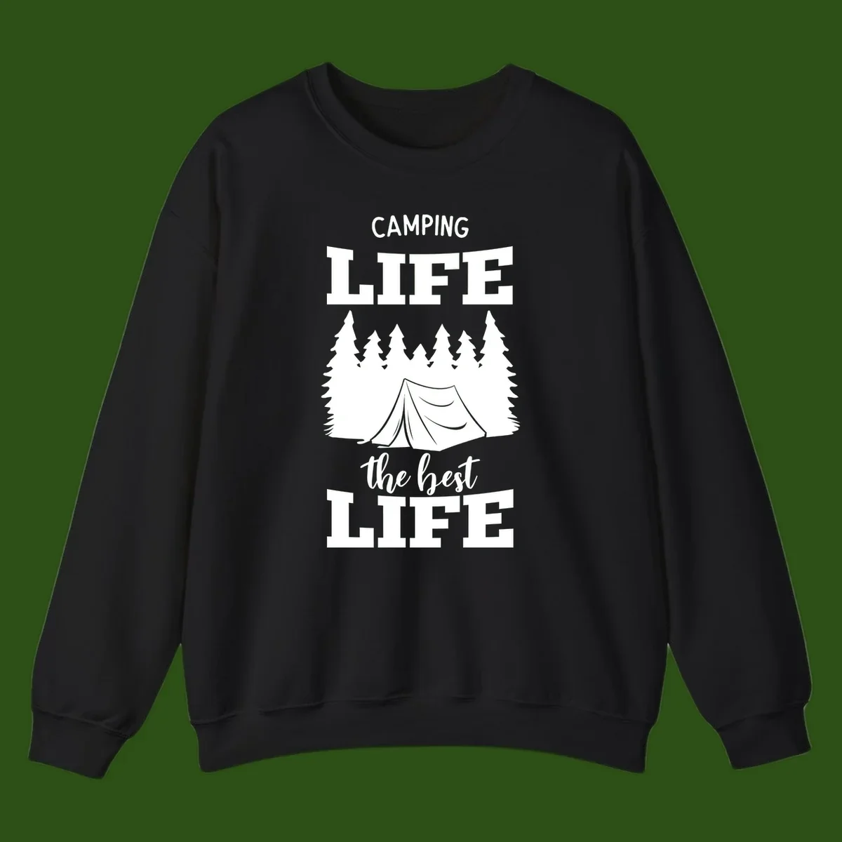 White tent and forest silhouette with text reading Camping Life The Best Life on gray background