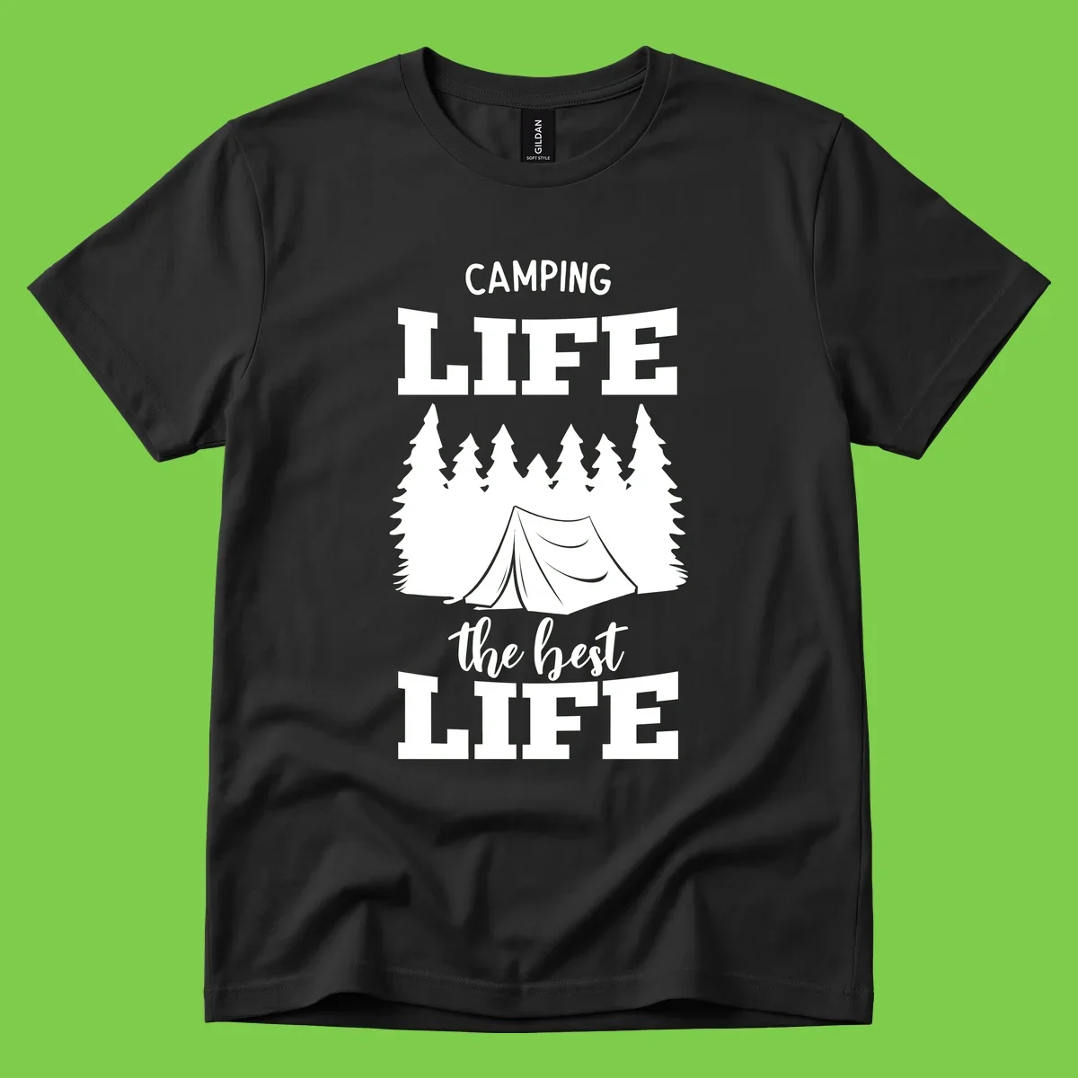 White tent and forest silhouette with text reading Camping Life The Best Life on gray background