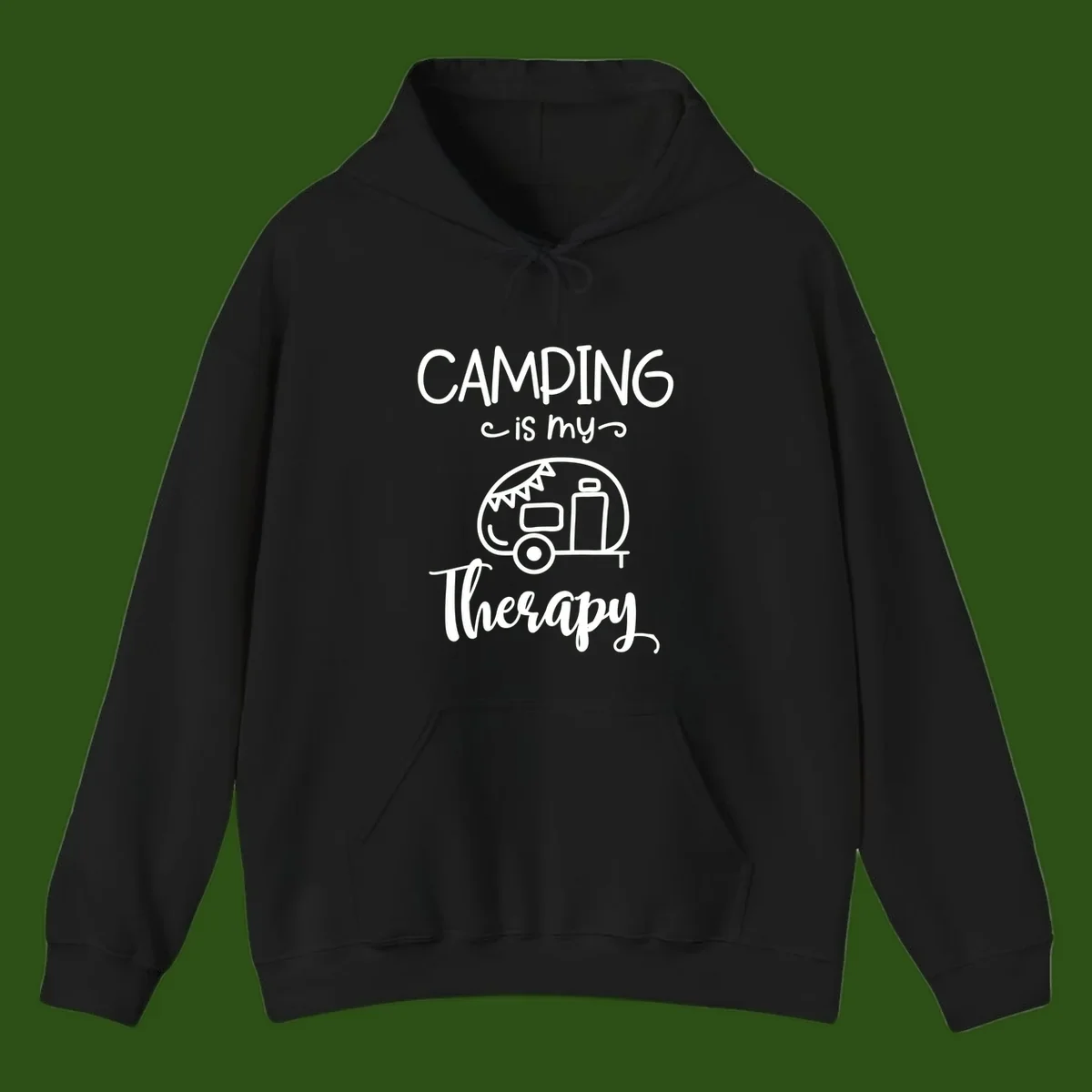 White line drawing of vintage travel trailer with bunting and text reading 'Camping is my Therapy' on gray background