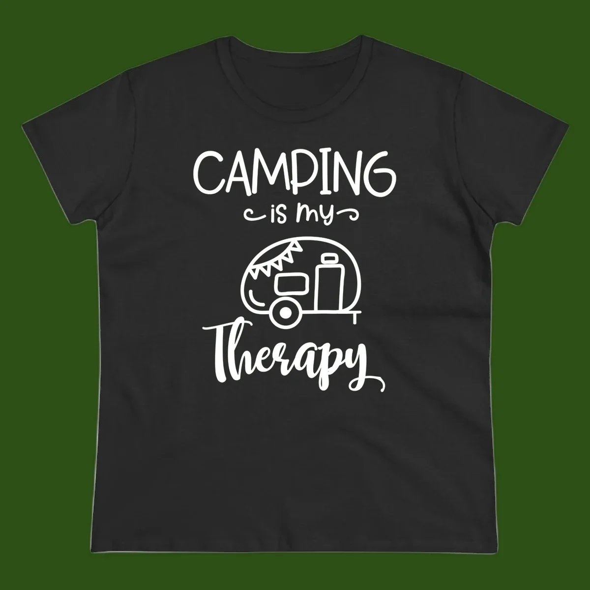 White line drawing of vintage travel trailer with bunting and text reading 'Camping is my Therapy' on gray background