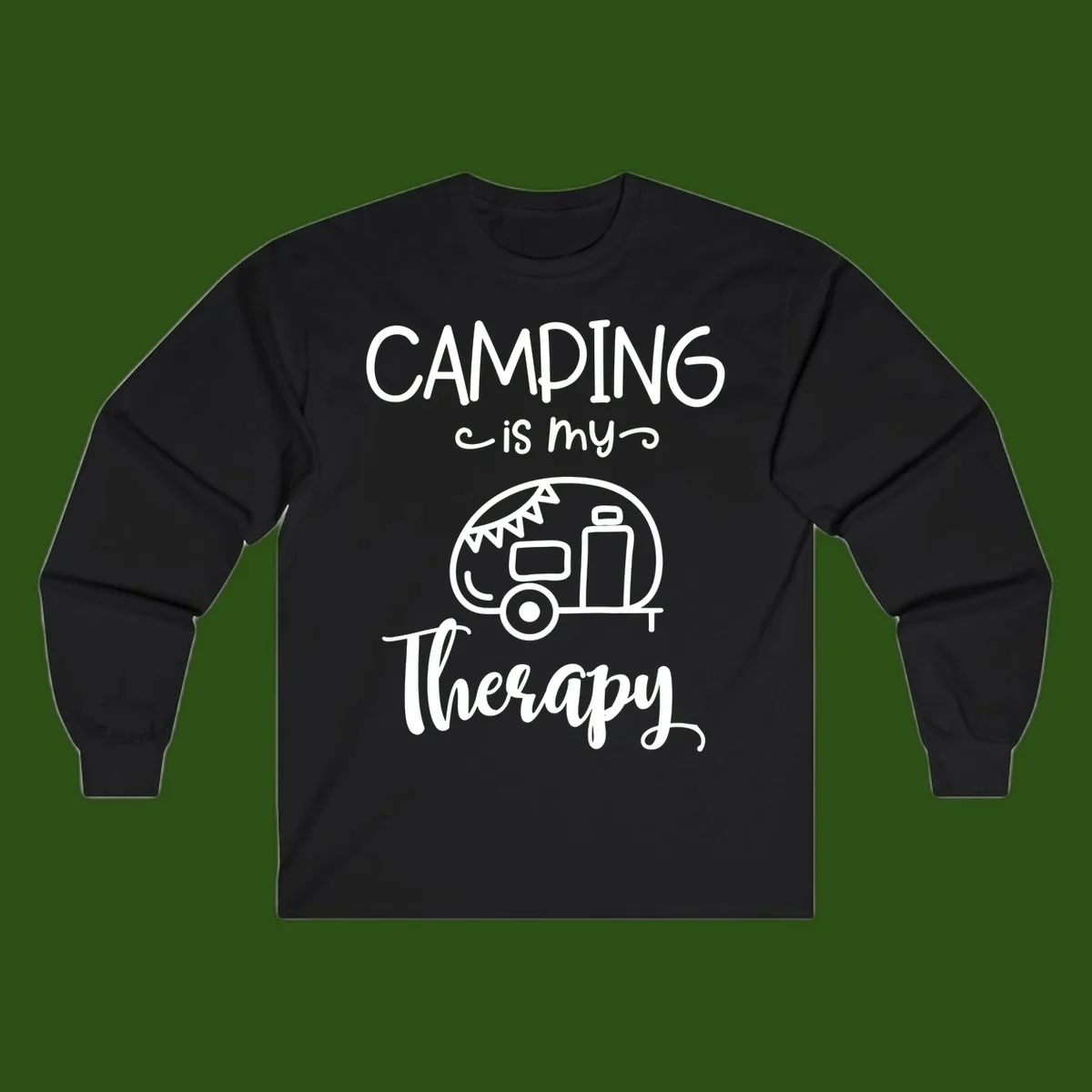 White line drawing of vintage travel trailer with bunting and text reading 'Camping is my Therapy' on gray background