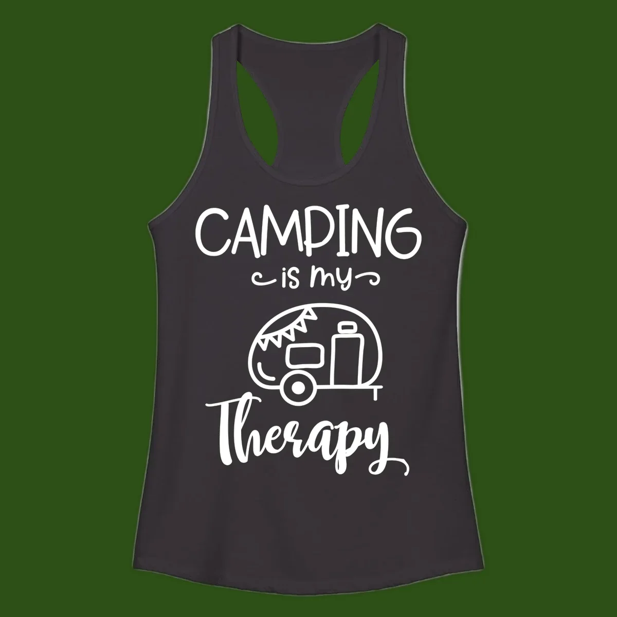 White line drawing of vintage travel trailer with bunting and text reading 'Camping is my Therapy' on gray background
