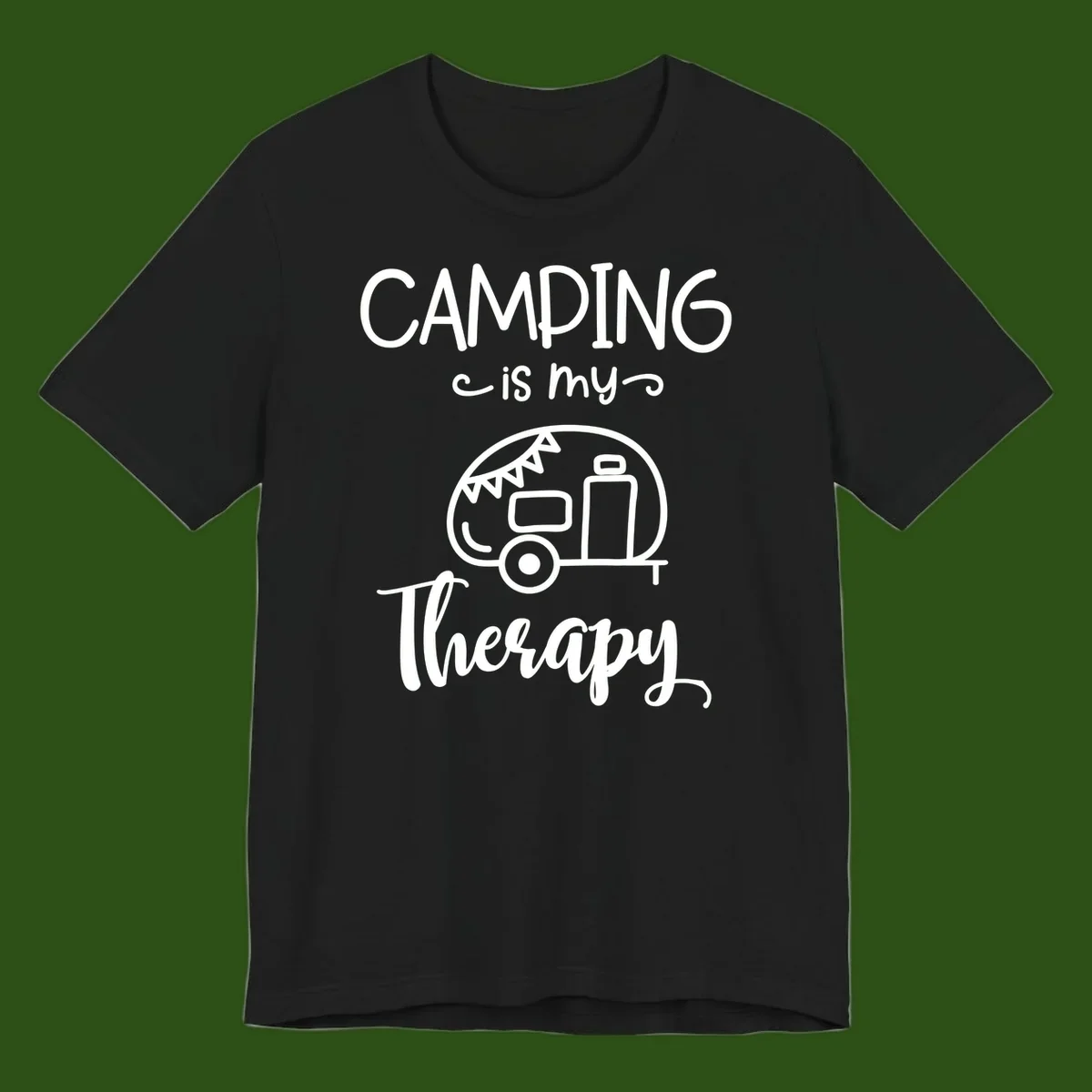White line drawing of vintage travel trailer with bunting and text reading 'Camping is my Therapy' on gray background