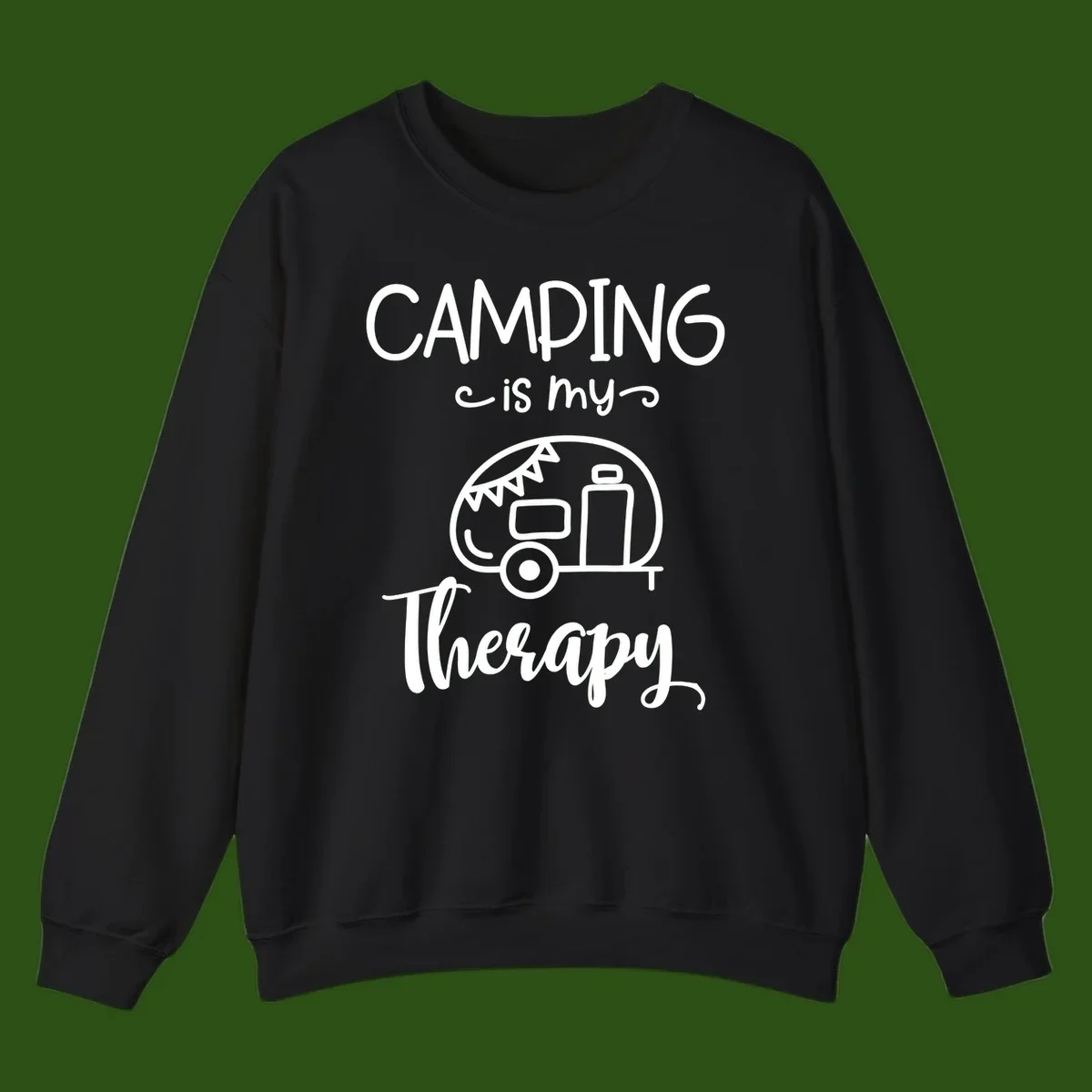 White line drawing of vintage travel trailer with bunting and text reading 'Camping is my Therapy' on gray background