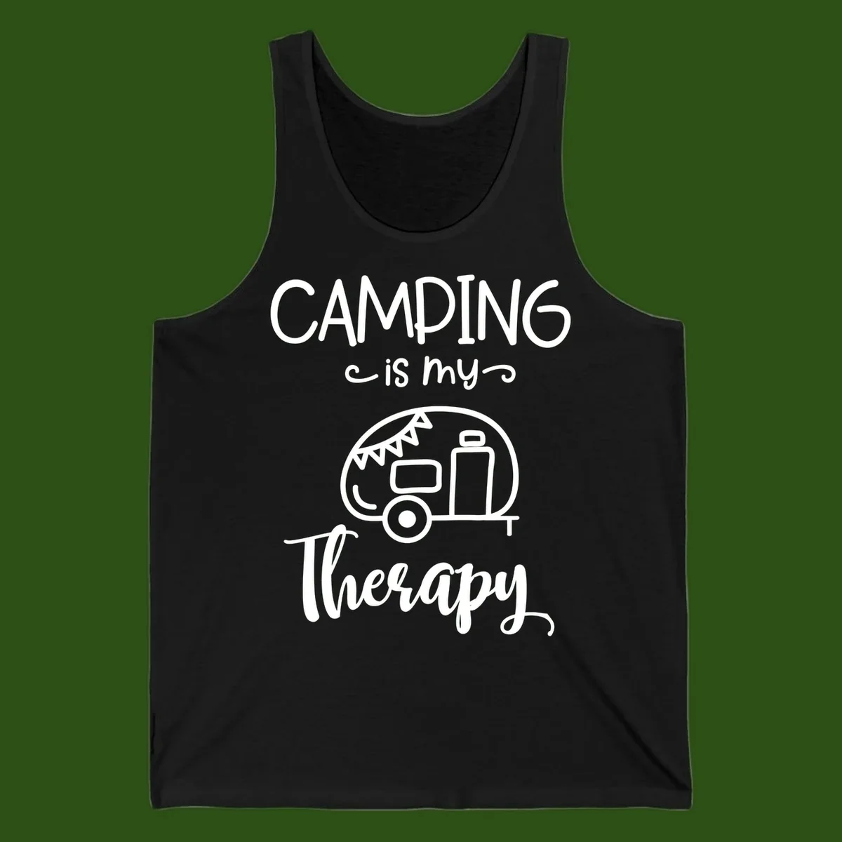 White line drawing of vintage travel trailer with bunting and text reading 'Camping is my Therapy' on gray background