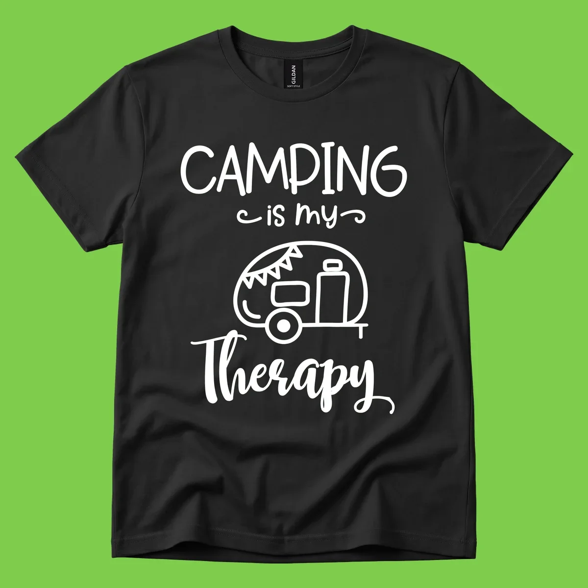 White line drawing of vintage travel trailer with bunting and text reading 'Camping is my Therapy' on gray background