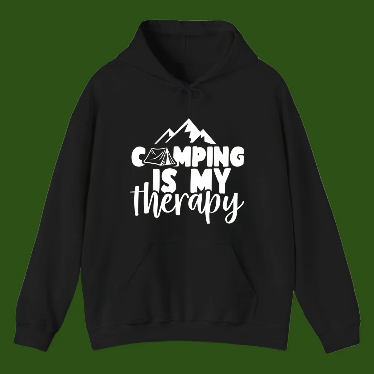White text reading 'Camping Is My Therapy' with tent and mountain graphic design on gray background