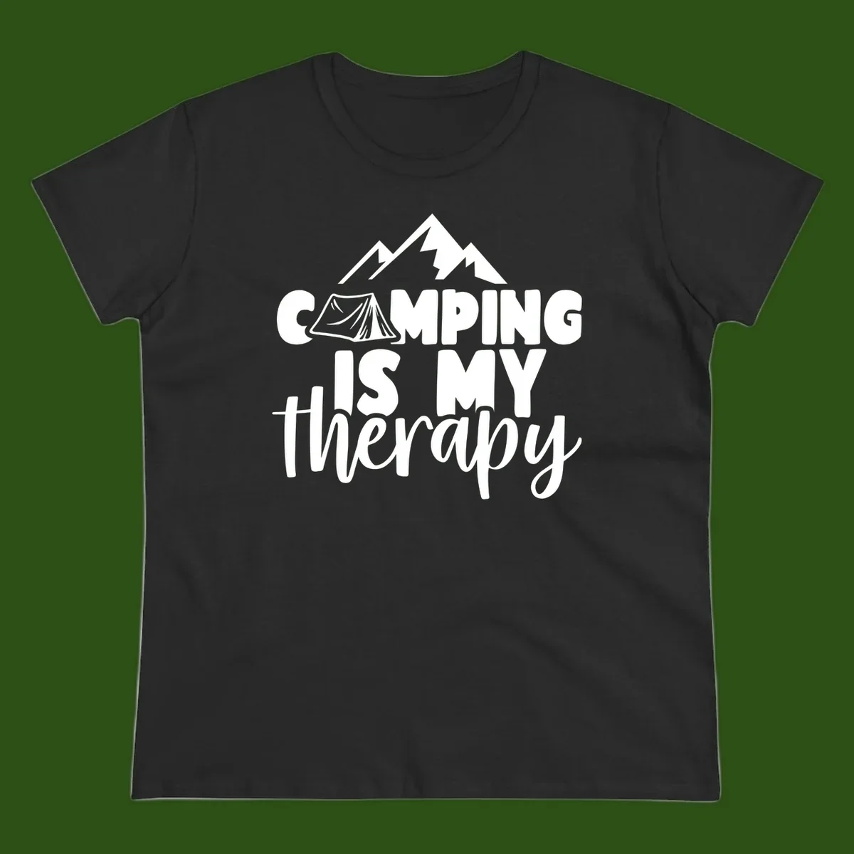 White text reading 'Camping Is My Therapy' with tent and mountain graphic design on gray background