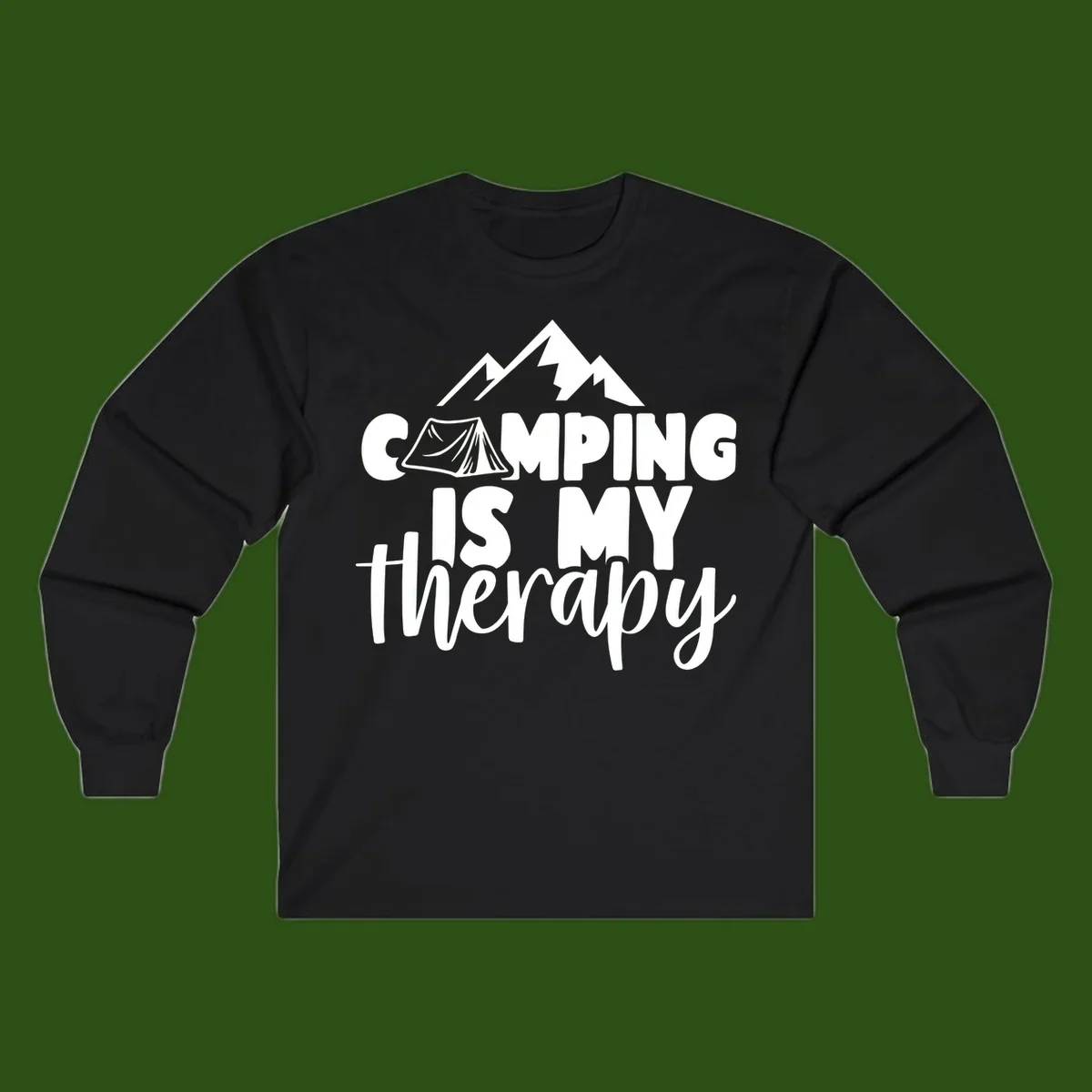 White text reading 'Camping Is My Therapy' with tent and mountain graphic design on gray background