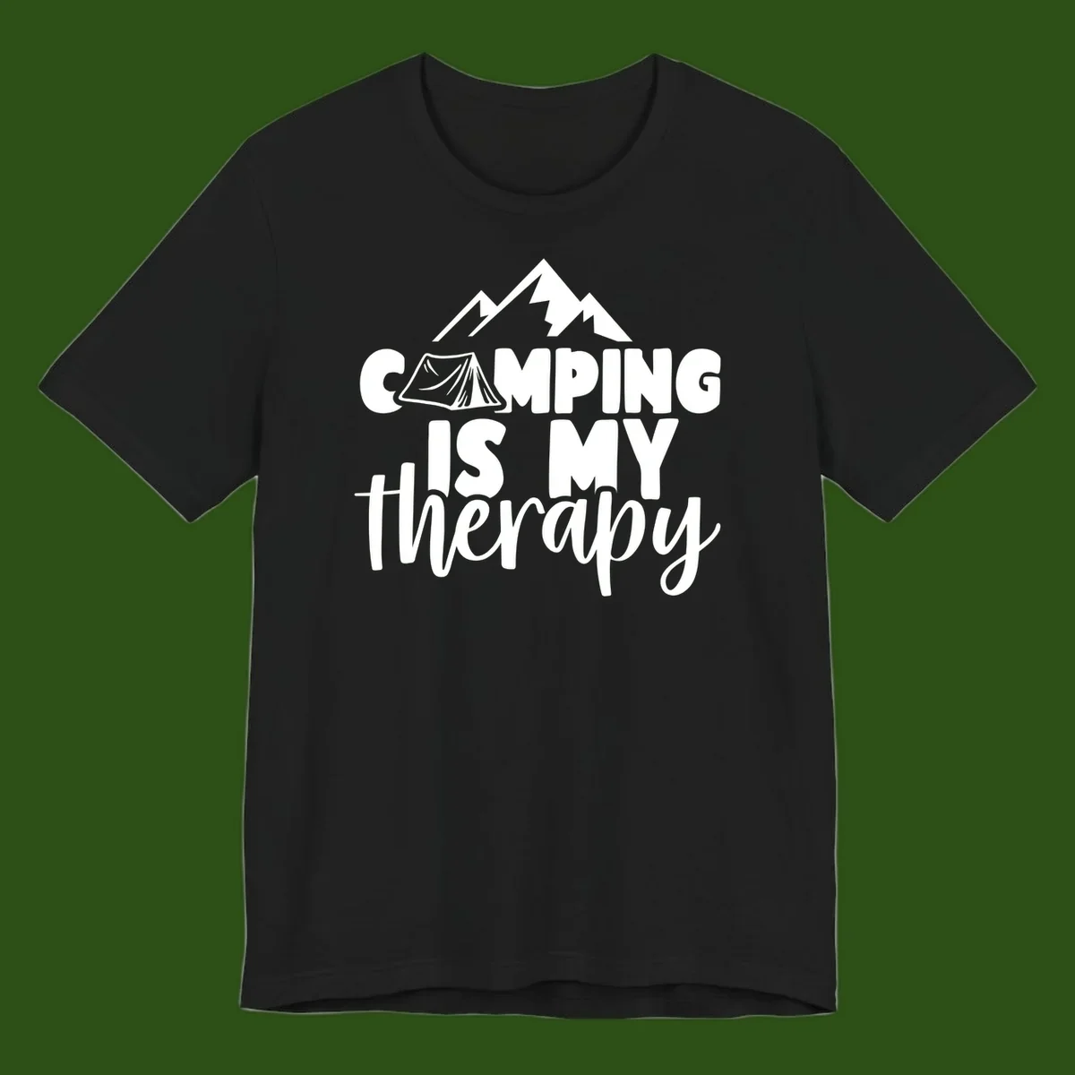 White text reading 'Camping Is My Therapy' with tent and mountain graphic design on gray background