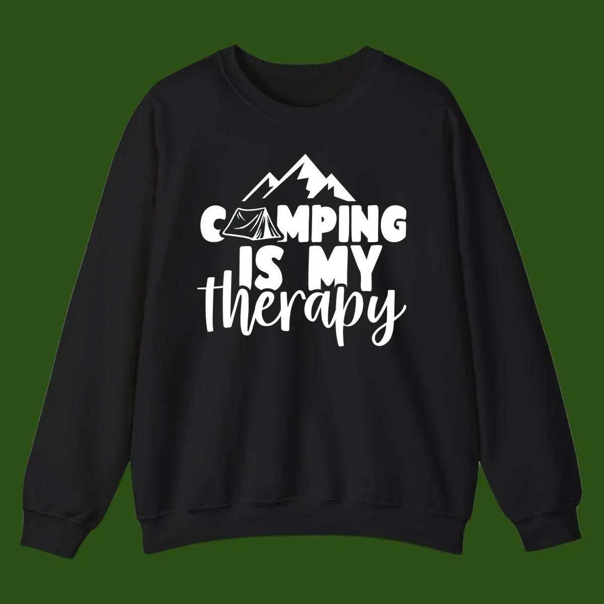 White text reading 'Camping Is My Therapy' with tent and mountain graphic design on gray background