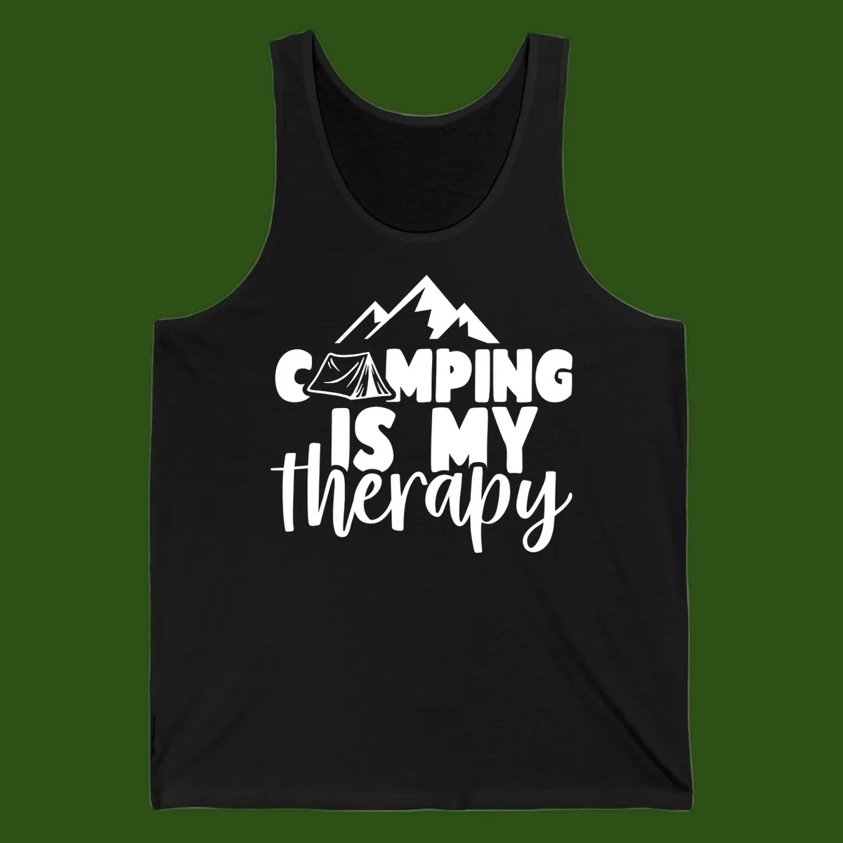 White text reading 'Camping Is My Therapy' with tent and mountain graphic design on gray background