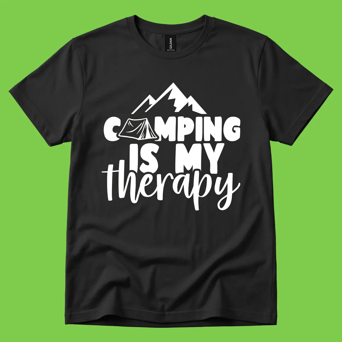 White text reading 'Camping Is My Therapy' with tent and mountain graphic design on gray background
