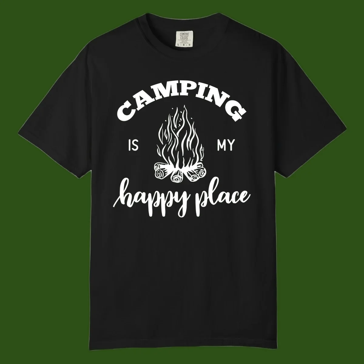 White campfire illustration with text reading 'Camping Is My Happy Place' on gray background