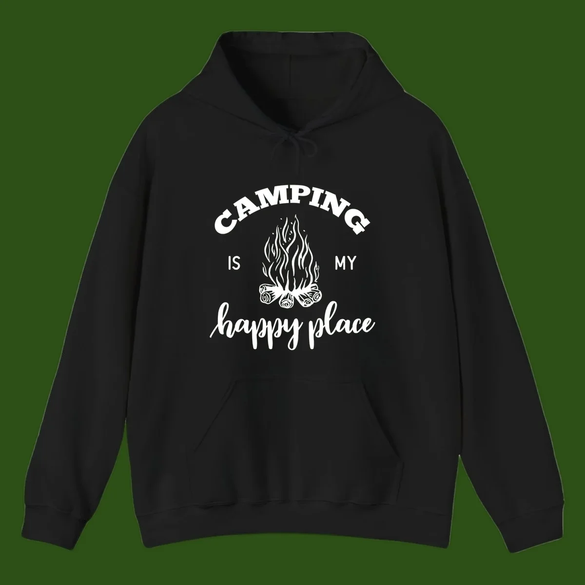White campfire illustration with text reading 'Camping Is My Happy Place' on gray background