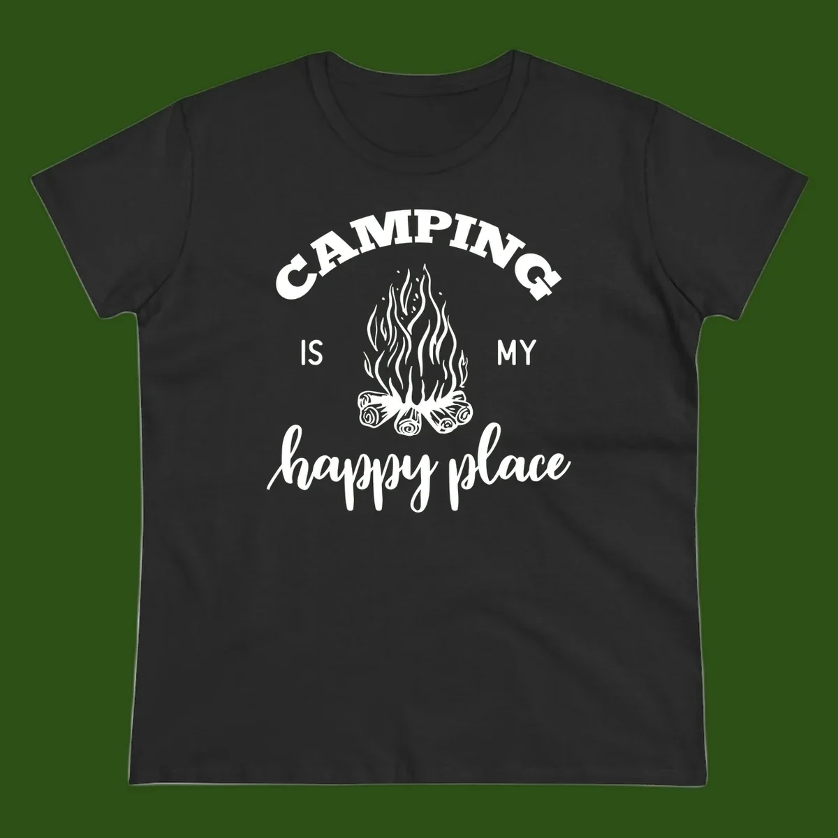 White campfire illustration with text reading 'Camping Is My Happy Place' on gray background