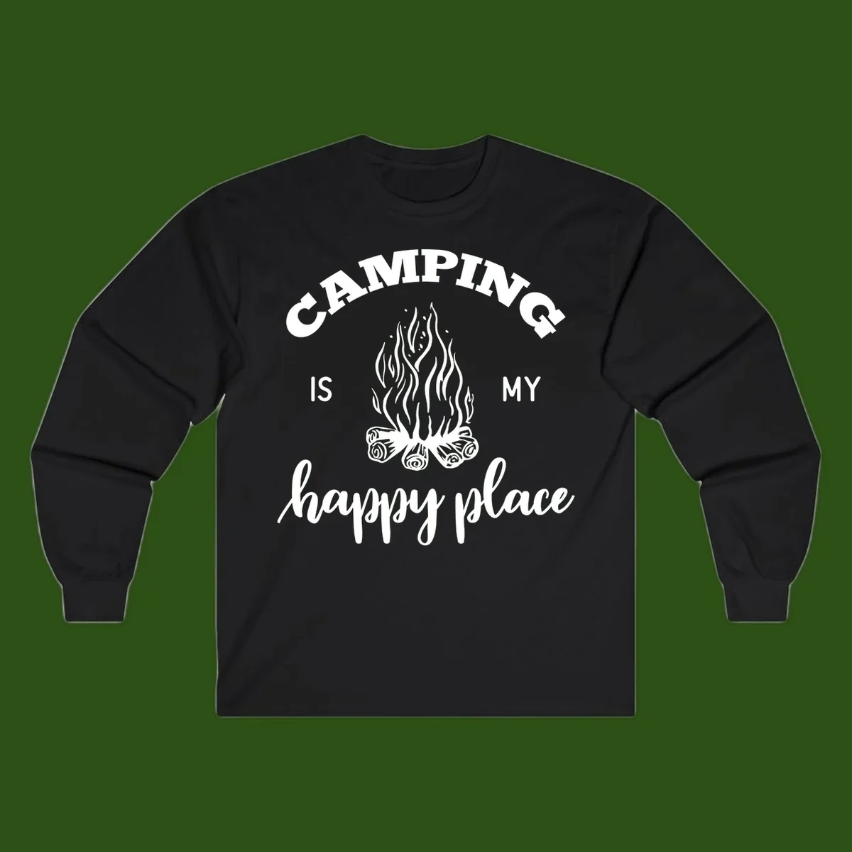 White campfire illustration with text reading 'Camping Is My Happy Place' on gray background