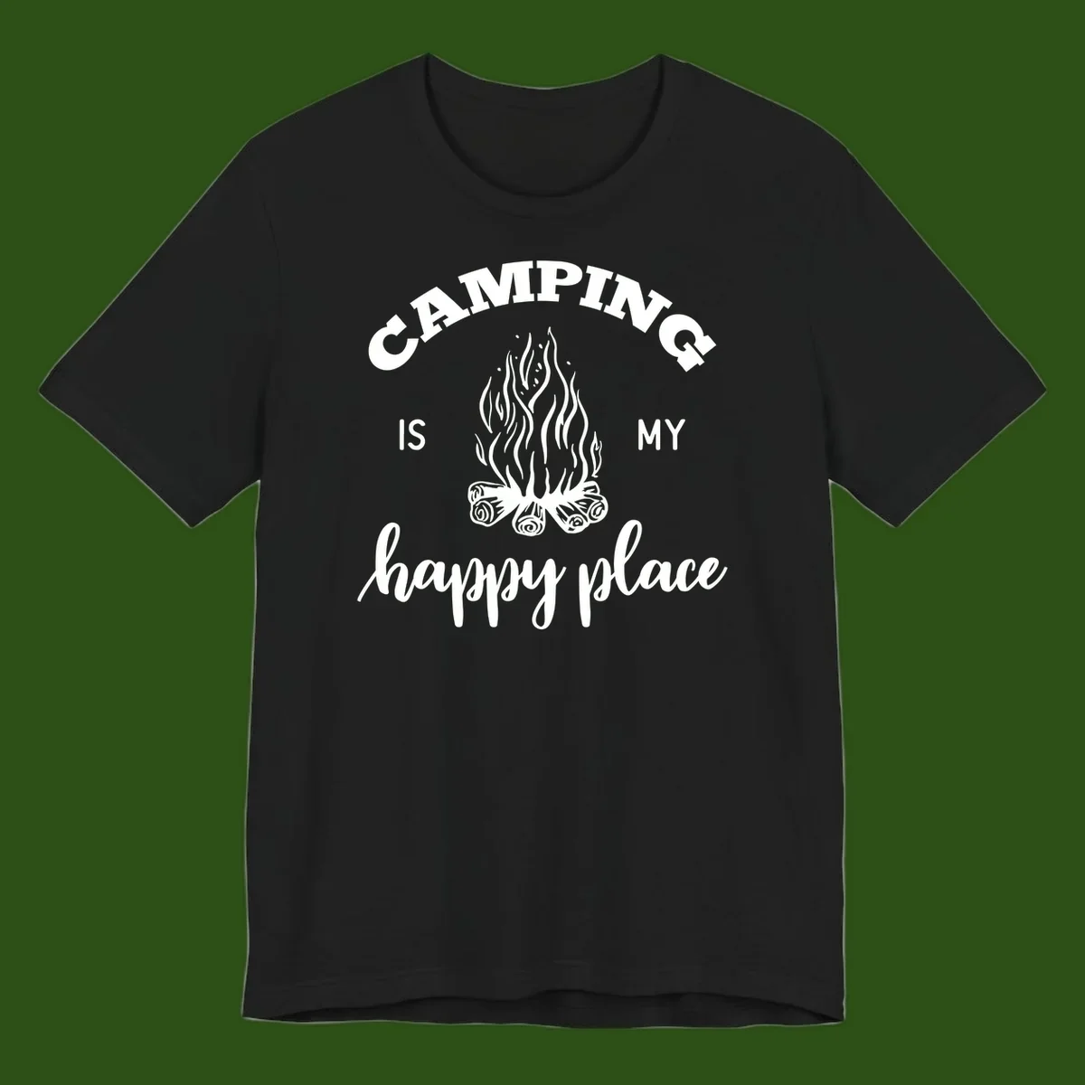 White campfire illustration with text reading 'Camping Is My Happy Place' on gray background