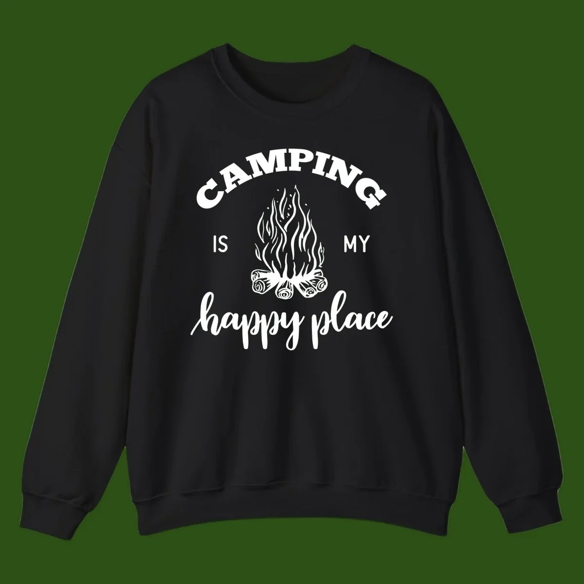 White campfire illustration with text reading 'Camping Is My Happy Place' on gray background