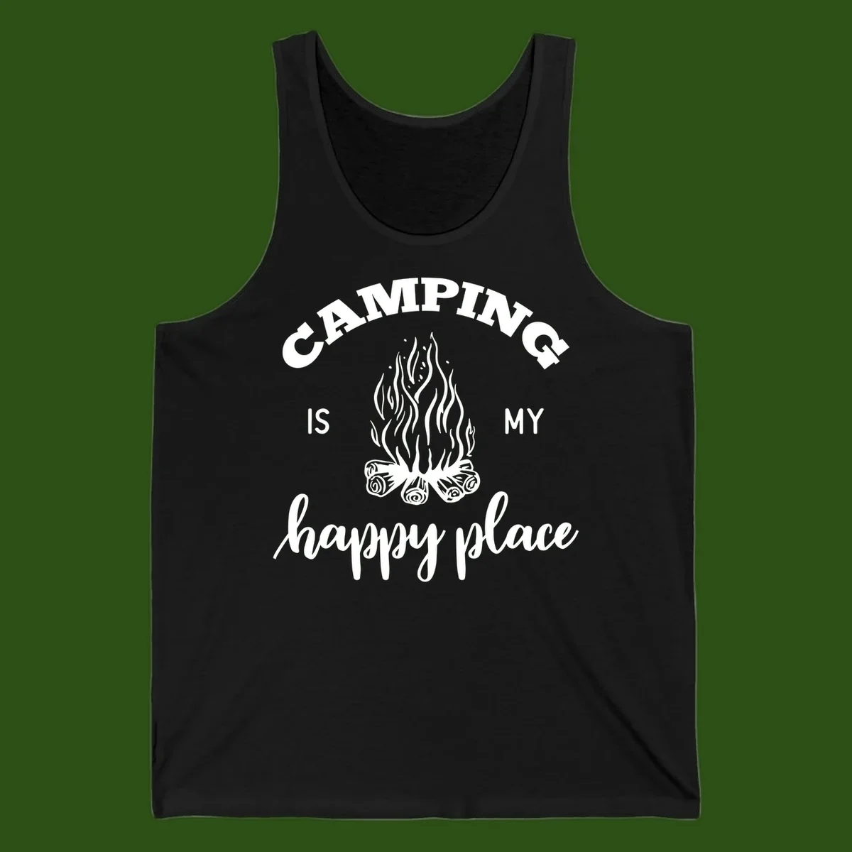White campfire illustration with text reading 'Camping Is My Happy Place' on gray background