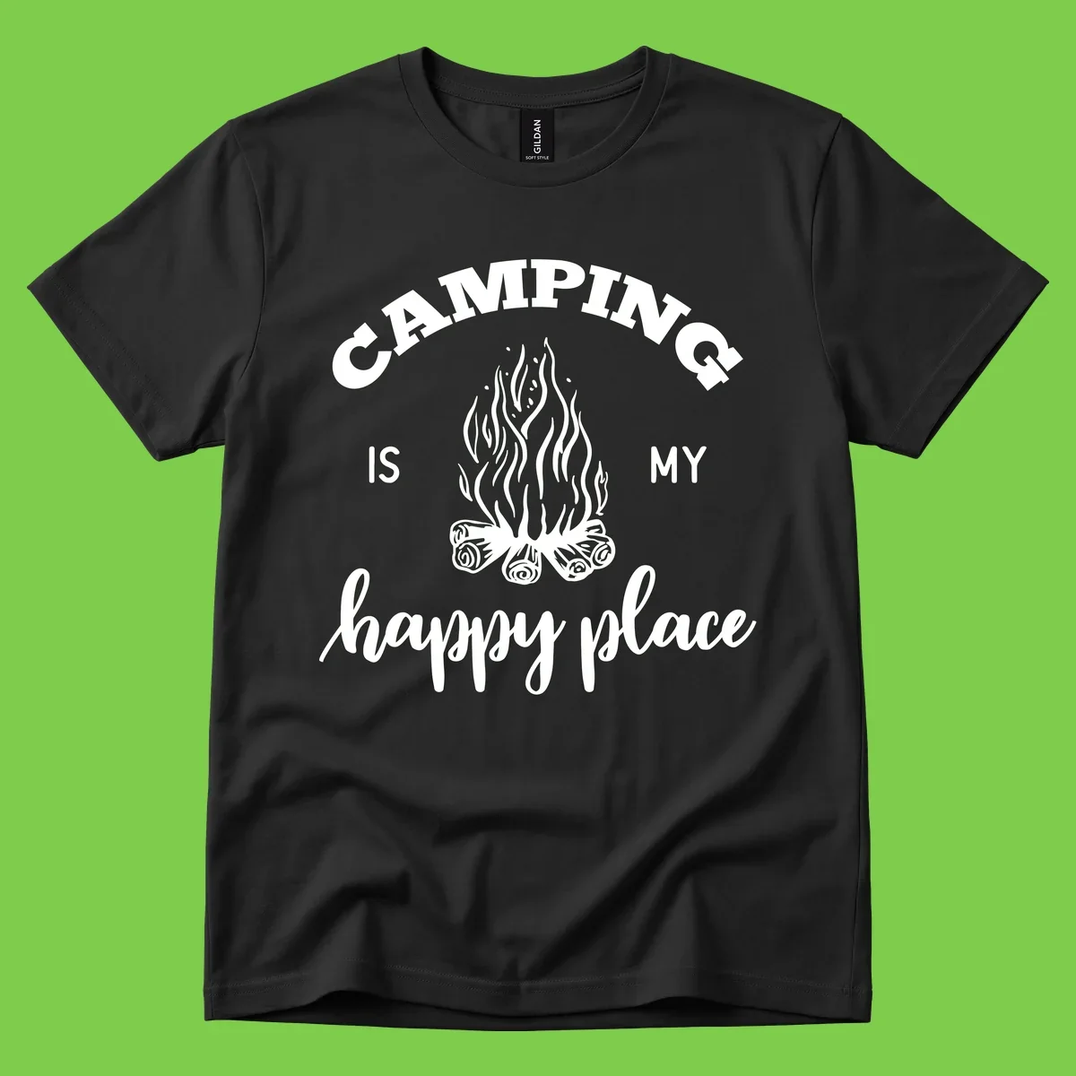 White campfire illustration with text reading 'Camping Is My Happy Place' on gray background