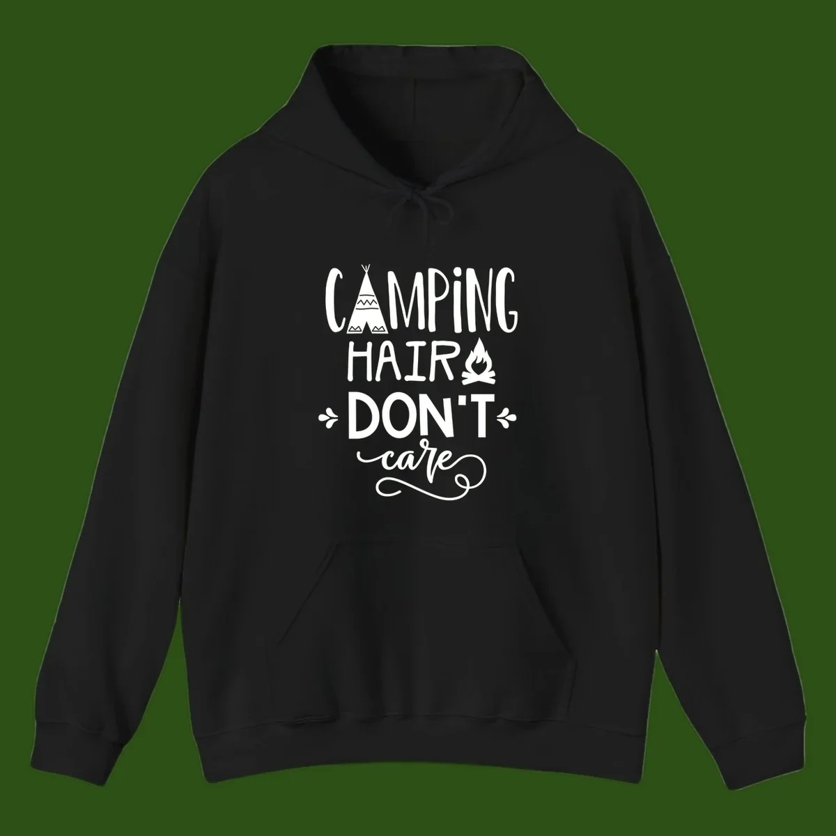 Camping hair don't care design with teepee, campfire, and decorative leaves on gray background