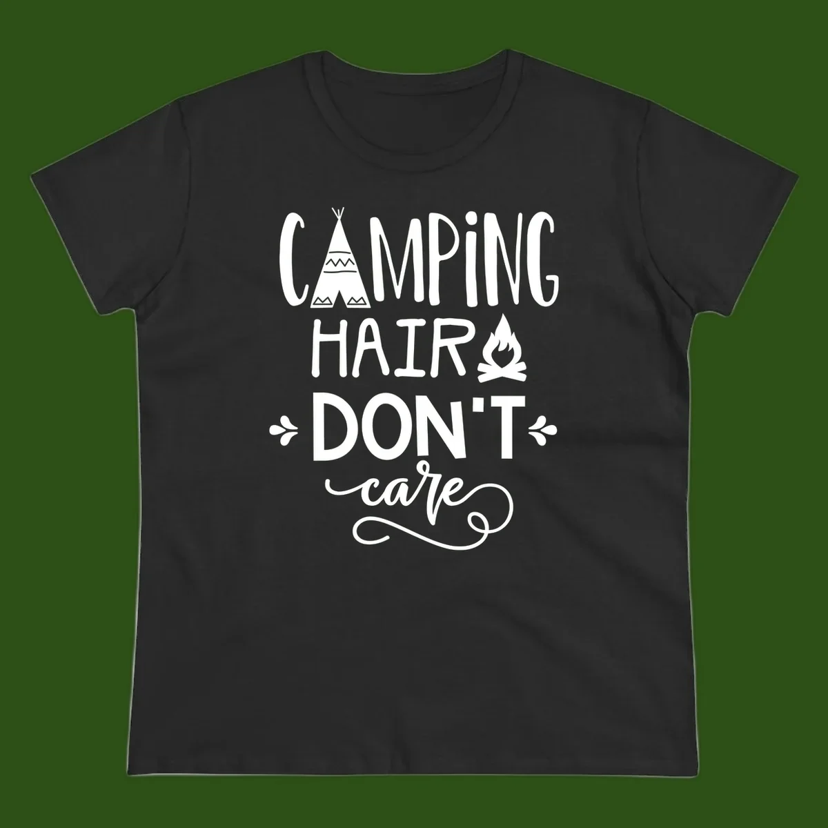 Camping hair don't care design with teepee, campfire, and decorative leaves on gray background