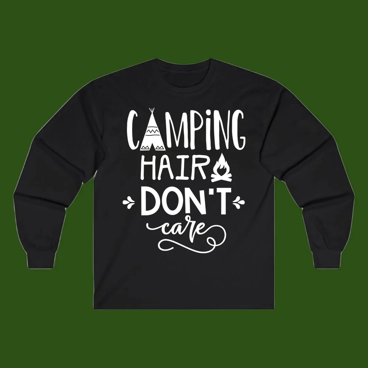Camping hair don't care design with teepee, campfire, and decorative leaves on gray background