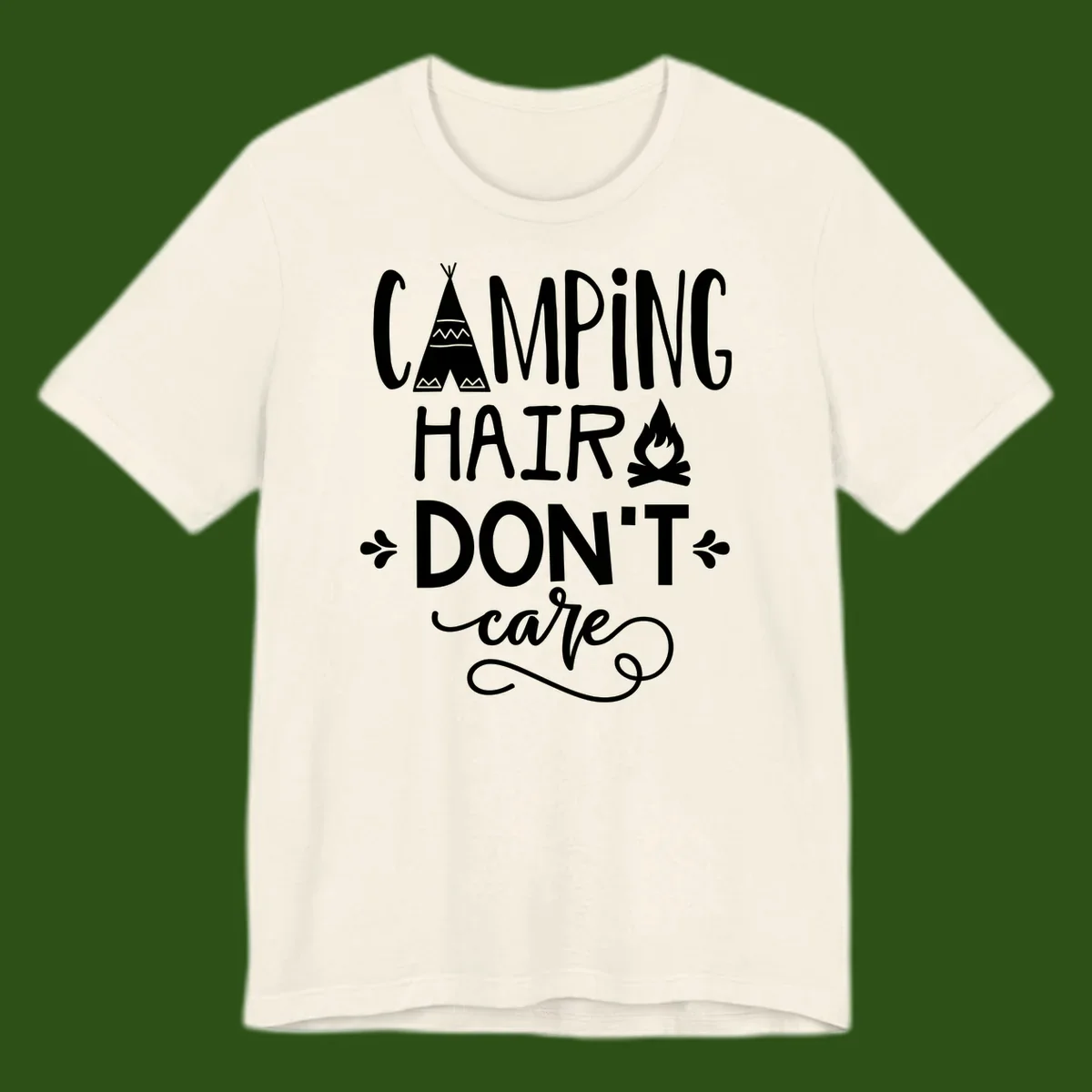 Camping hair don't care design with teepee, campfire, and decorative leaves on gray background