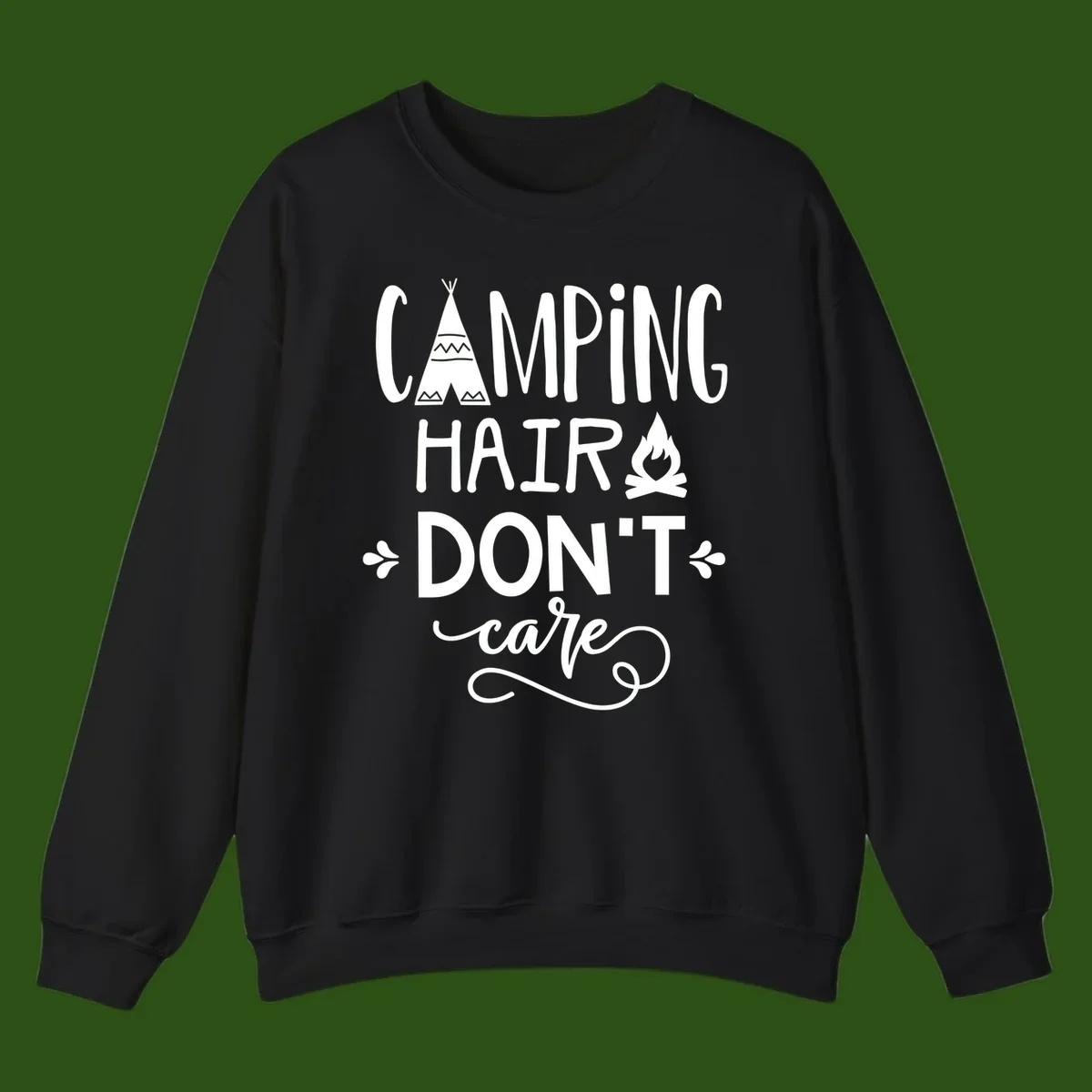 Camping hair don't care design with teepee, campfire, and decorative leaves on gray background