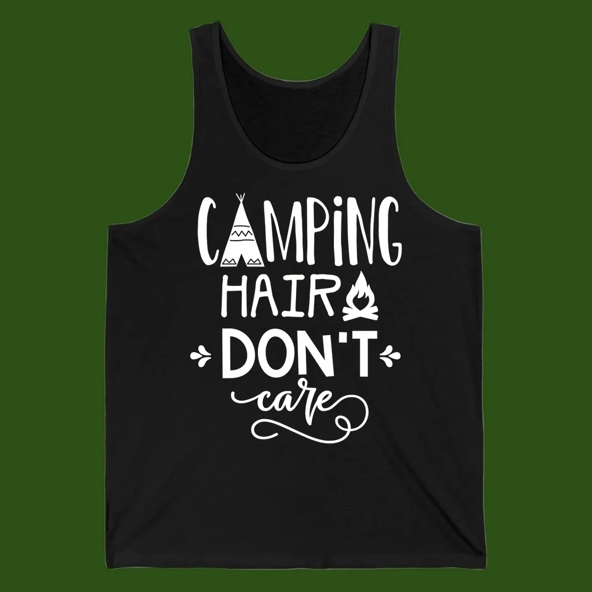 Camping hair don't care design with teepee, campfire, and decorative leaves on gray background