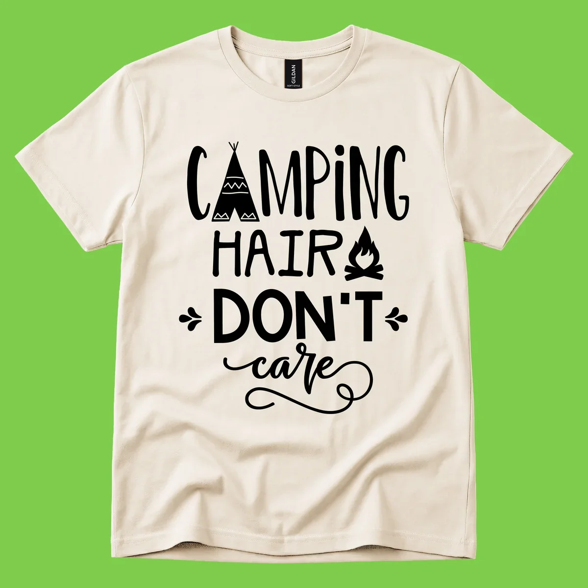 Camping hair don't care design with teepee, campfire, and decorative leaves on gray background