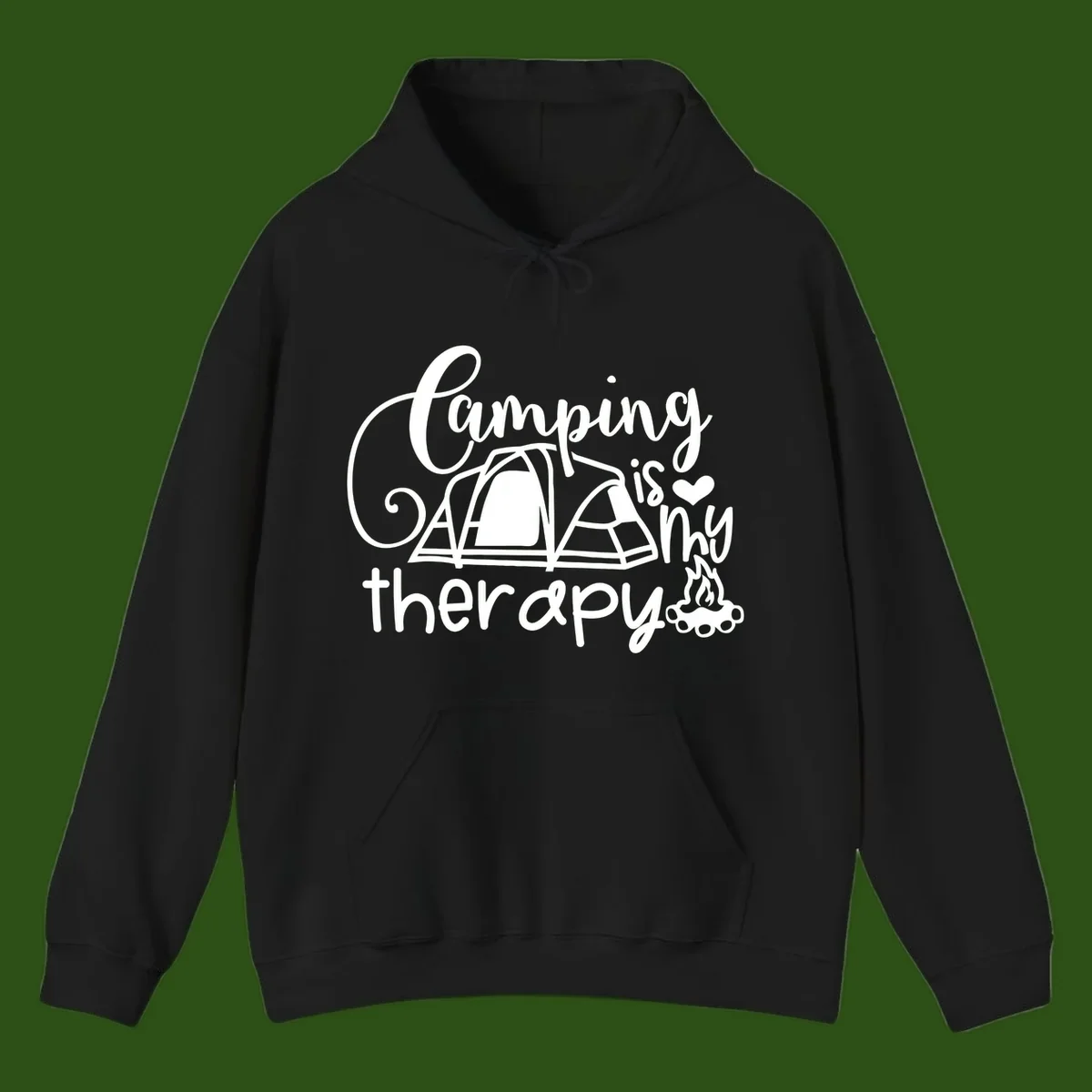 White lettered design reading 'Camping is Therapy' with heart symbol, tent, and campfire illustration on gray background