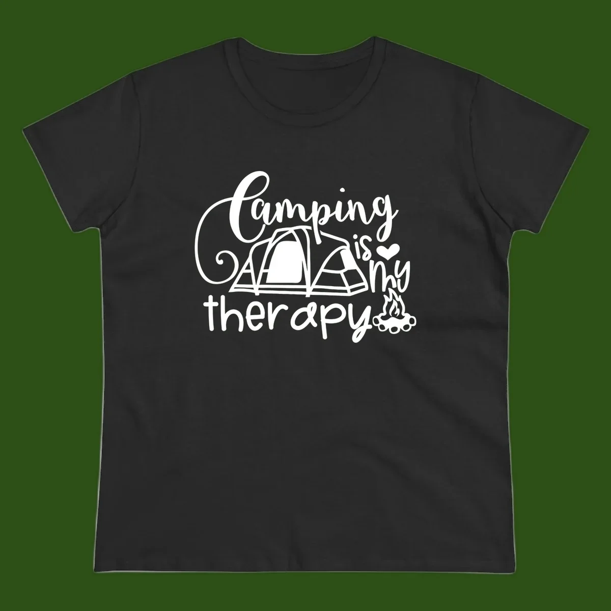 White lettered design reading 'Camping is Therapy' with heart symbol, tent, and campfire illustration on gray background