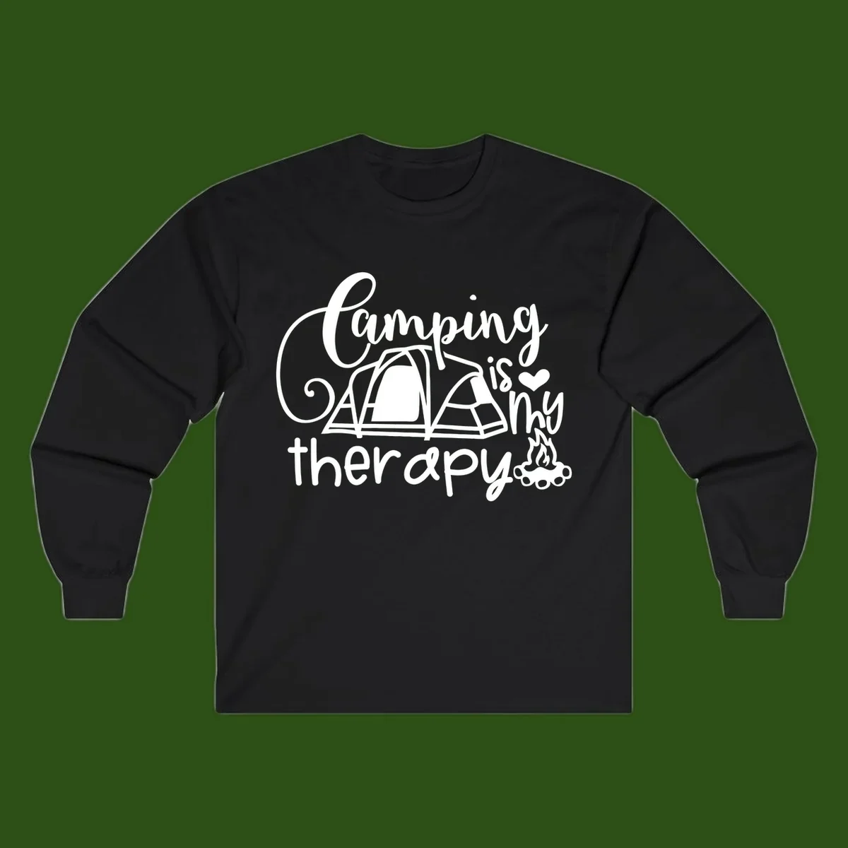 White lettered design reading 'Camping is Therapy' with heart symbol, tent, and campfire illustration on gray background