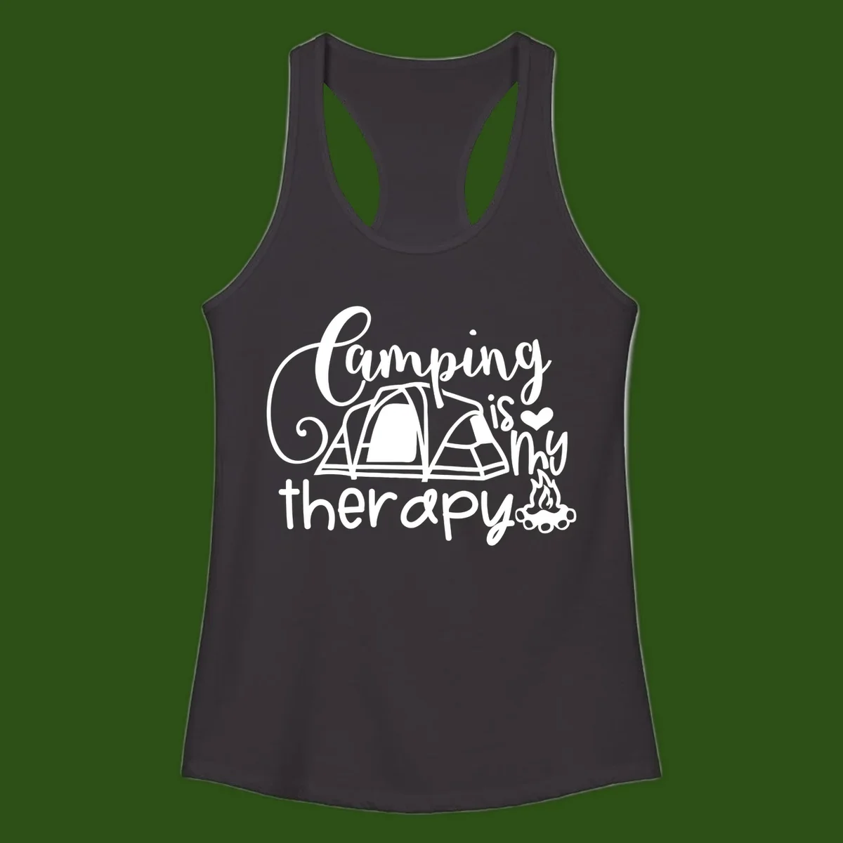 White lettered design reading 'Camping is Therapy' with heart symbol, tent, and campfire illustration on gray background