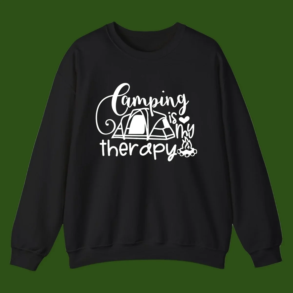 White lettered design reading 'Camping is Therapy' with heart symbol, tent, and campfire illustration on gray background