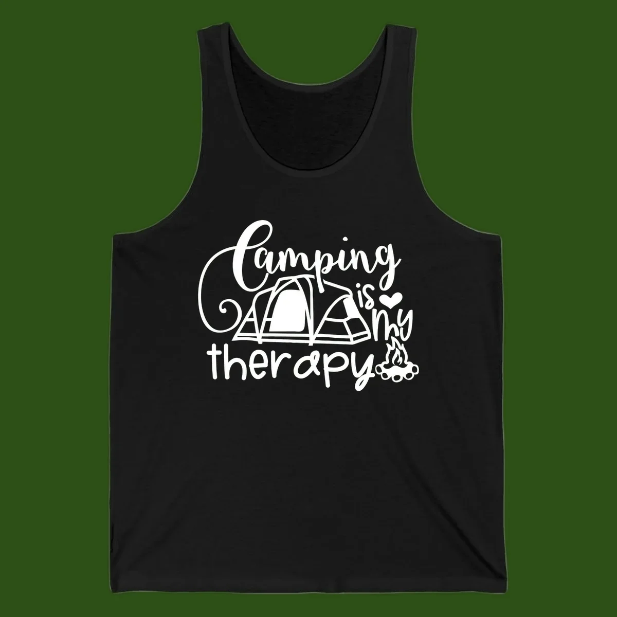White lettered design reading 'Camping is Therapy' with heart symbol, tent, and campfire illustration on gray background