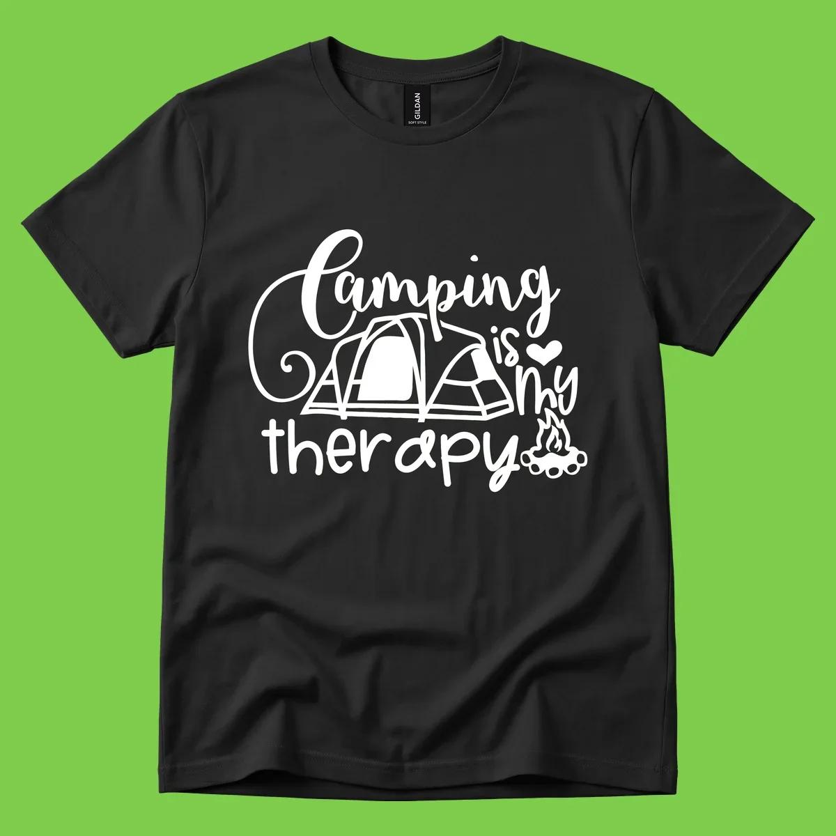 White lettered design reading 'Camping is Therapy' with heart symbol, tent, and campfire illustration on gray background