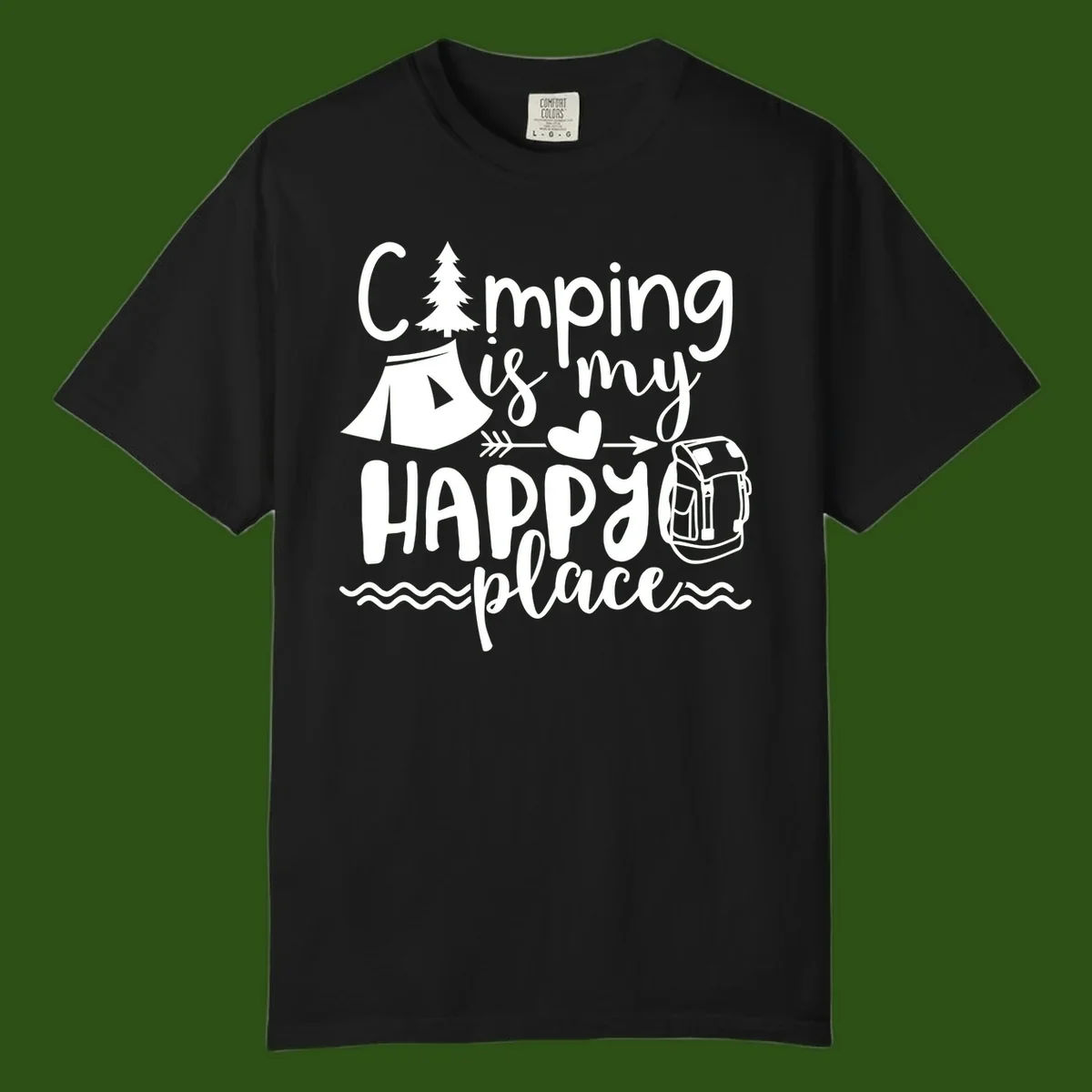 White illustrated camping design with text 'Camping is my happy place' featuring tent, pine tree, beer mug, and backpack on gray background