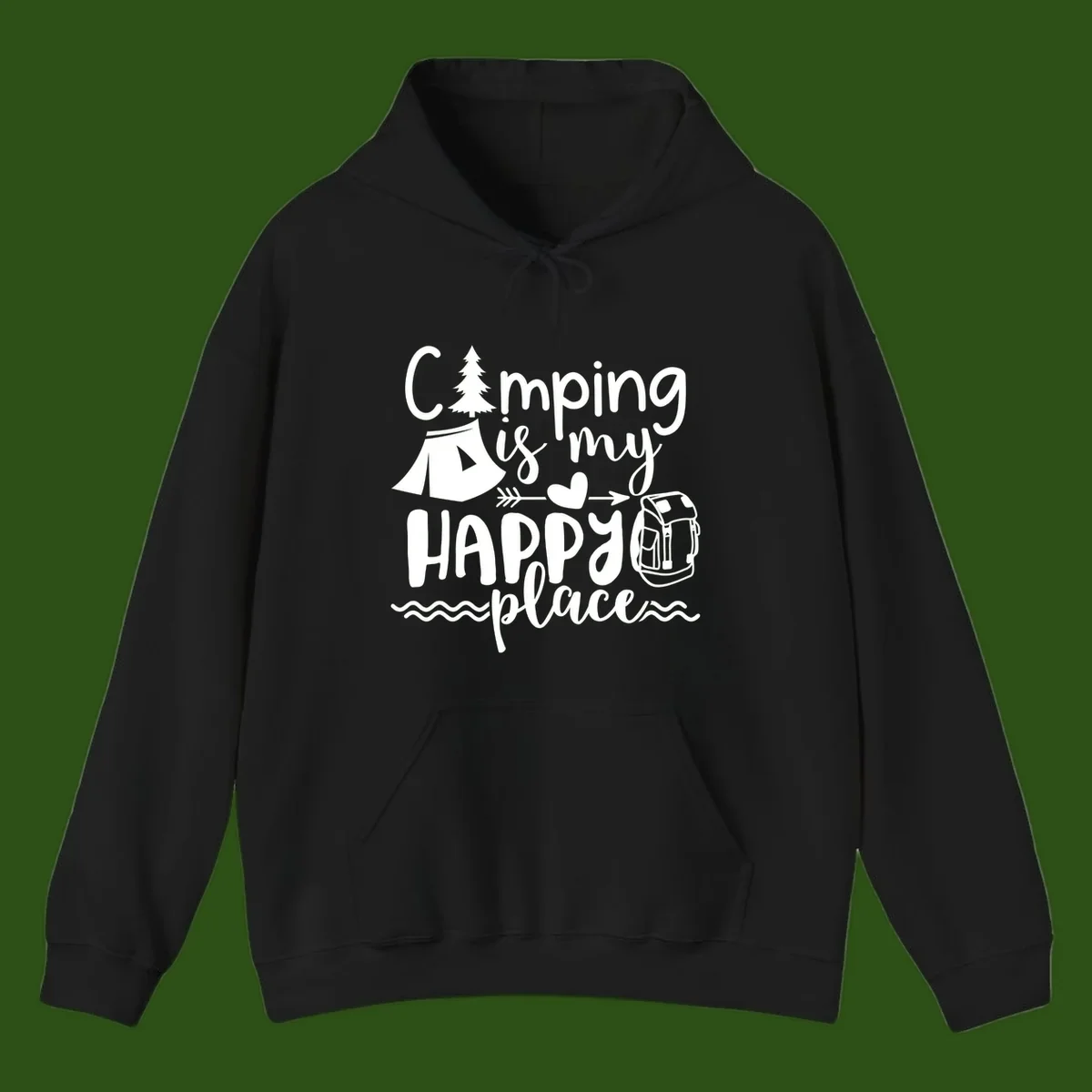 White illustrated camping design with text 'Camping is my happy place' featuring tent, pine tree, beer mug, and backpack on gray background