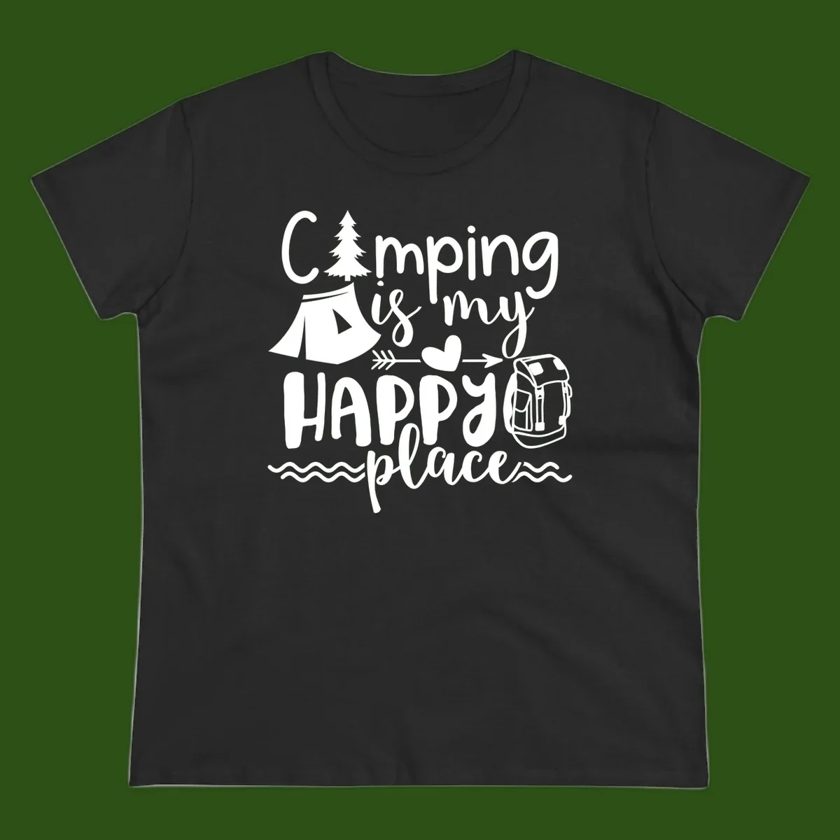 White illustrated camping design with text 'Camping is my happy place' featuring tent, pine tree, beer mug, and backpack on gray background